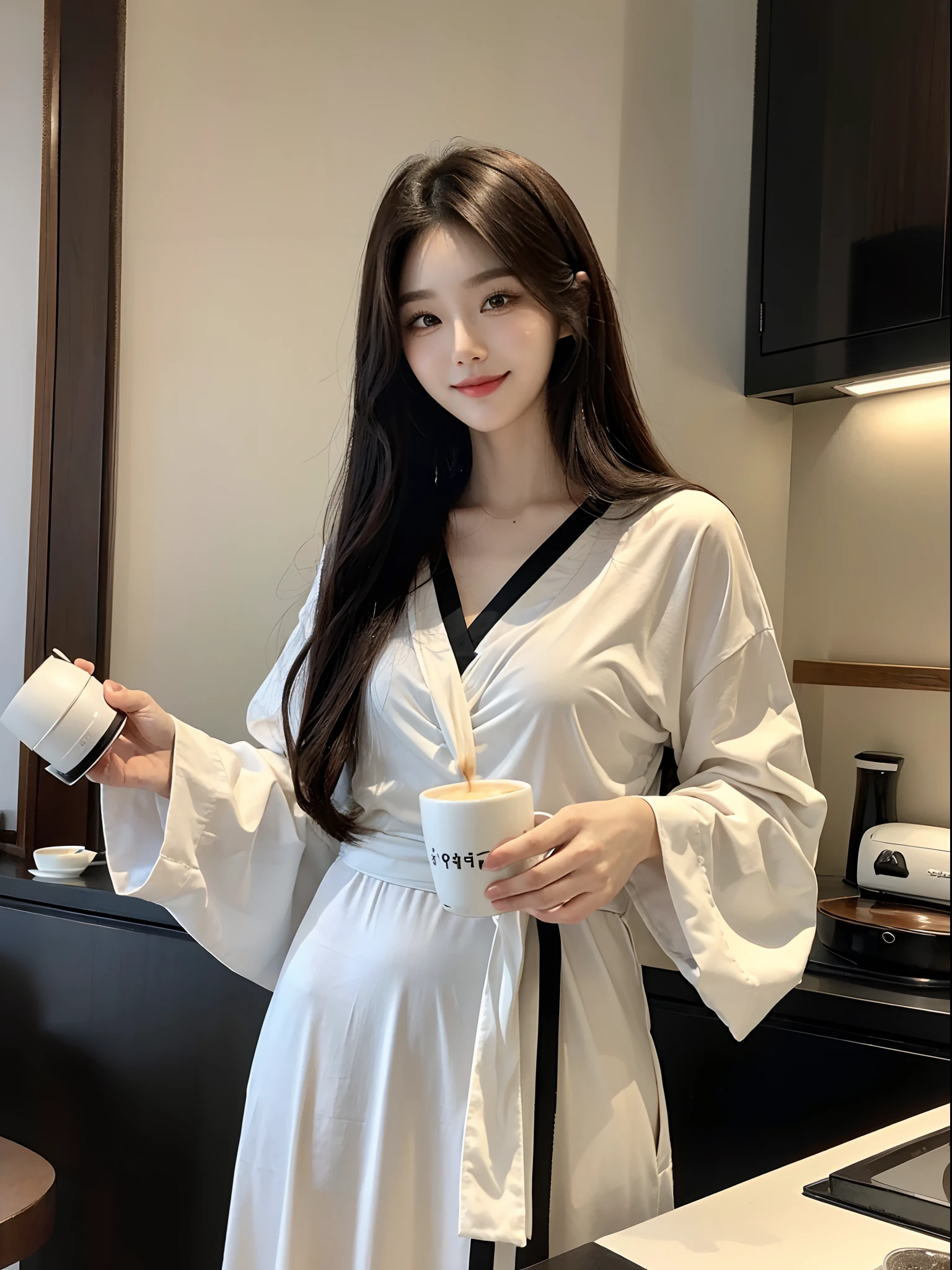 masterpiece、top-quality)、1 beutiful girl、Slim body、((Black and white loungewear:1.1))、(Detailed beautiful eyes)、In the kitchen of a rich man's house、Face similar to Chaewon in Le Selefim、((Boyish Brown Medium Hair))、((Smaller face))、((Neutral face))、((Light brown eyes))、((Korean Girl))、((18year old))、((cool lady))、((A shy smile on his face))、((Korean Makeup))、((elongated and sharp eyes))、((Happy dating))、((boyish))、((She is pouring coffee into a glass))、((shot from front))