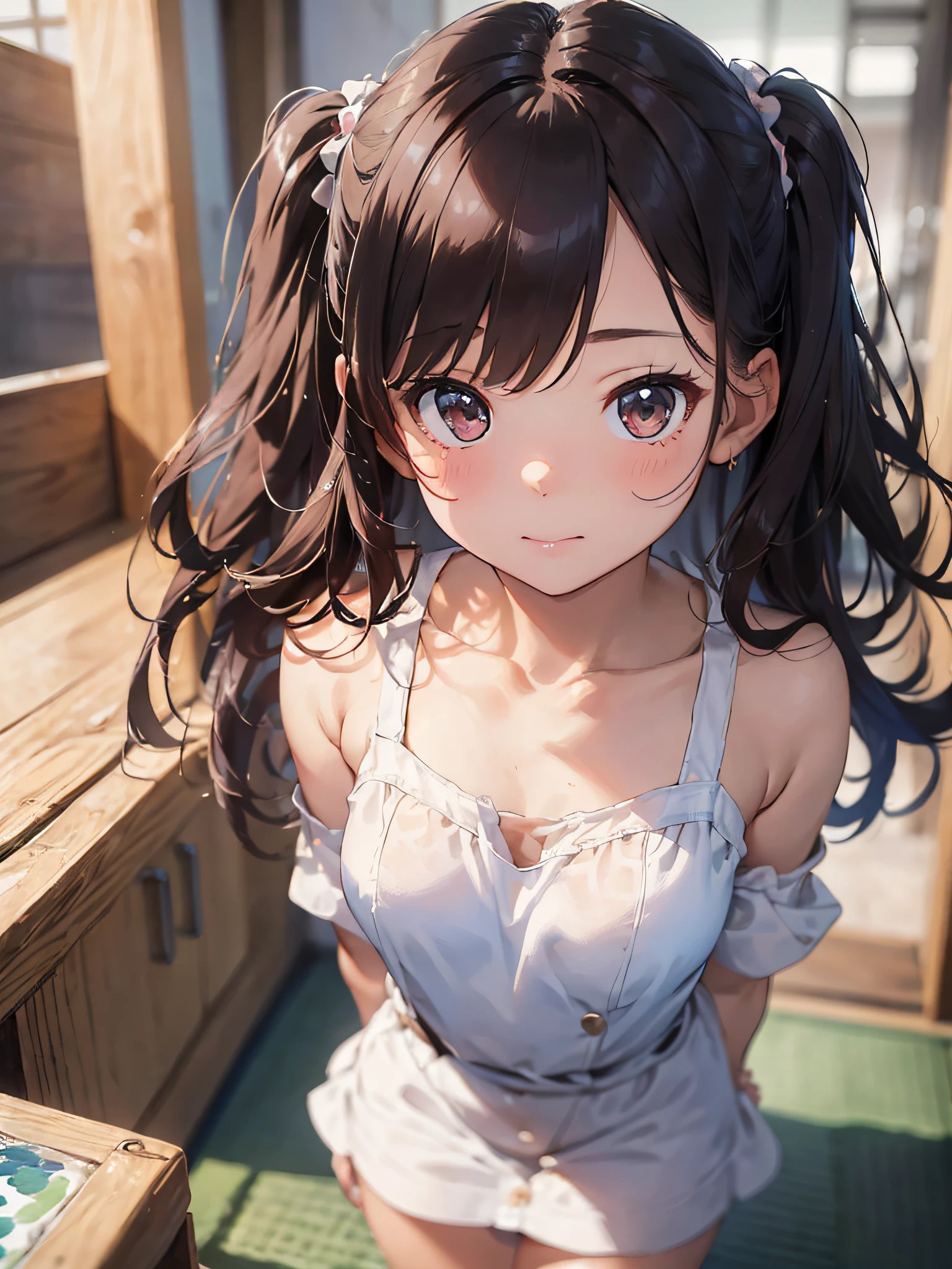(masterpiece:2.0), (top-quality:2.0), (white Tube top extremely short length dress made by towel:1.5), (perfect exposed shoulders:1.5), (perfect exposed nape:1.5), (super sexypose:1.5), (blushed face:1.3), (barechested:1.3), (realistic:1.5), 1 girl, precise small hands, Embarrassed look, light smile, extremely cute girl, innocent face, young face, Clear eyes, Shining eyes, shoulder is visible, small breast, thigh is visible, No pubic hair, The beautiful skin, ultra-definition, Top resolution, japan high school student, brown hair