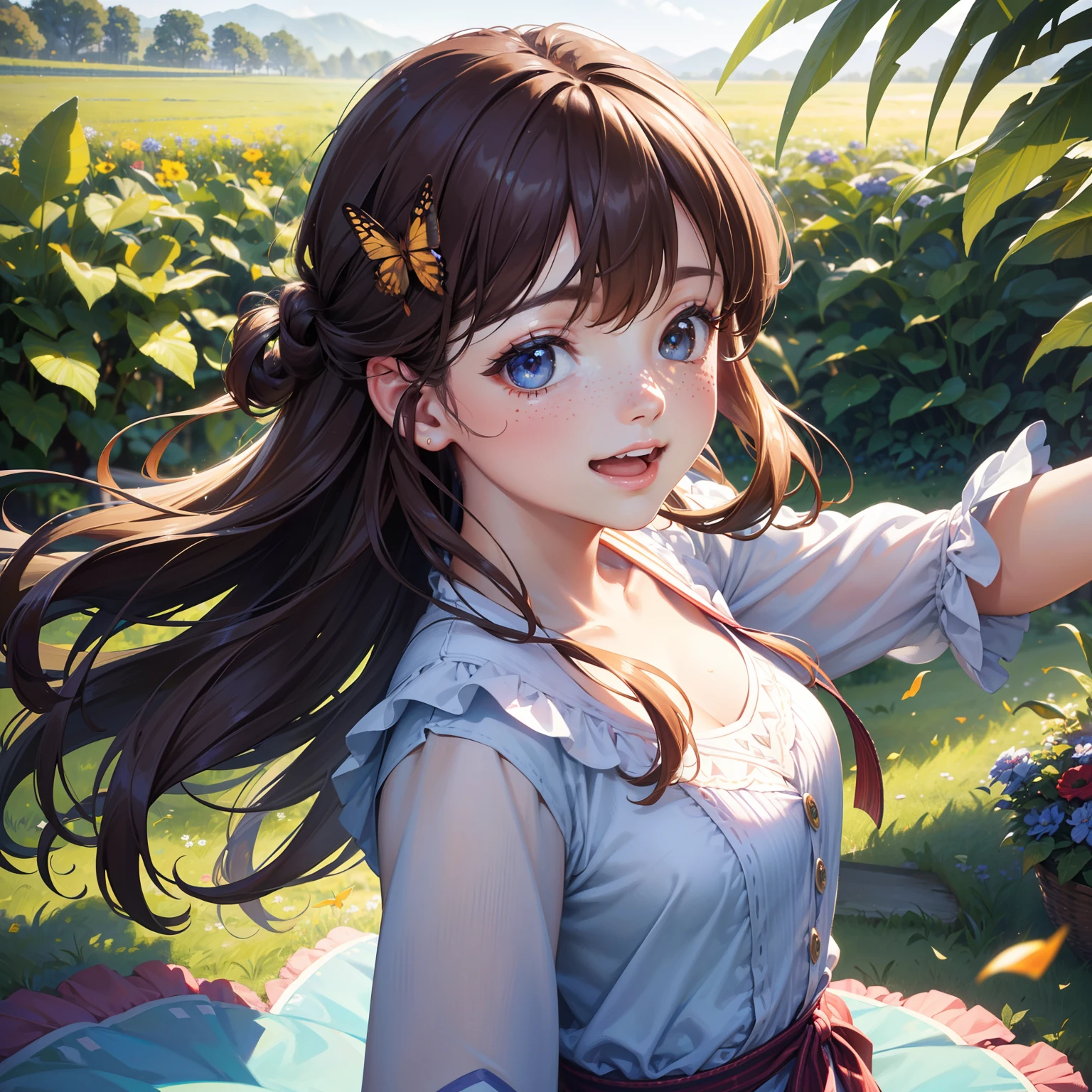 (best quality,4k,8k,highres,masterpiece:1.2),ultra-detailed,(realistic,photorealistic,photo-realistic:1.37),portraits,brown-haired girl,cute smile,summer,beautiful detailed eyes,
freckles,sunlit garden,playful,
colorful flowers,butterflies dancing around her,long fluttering eyelashes,happy expression,sunshine filtering through the leaves,soft breeze blowing her hair,a vibrant dress,filled with joy and happiness