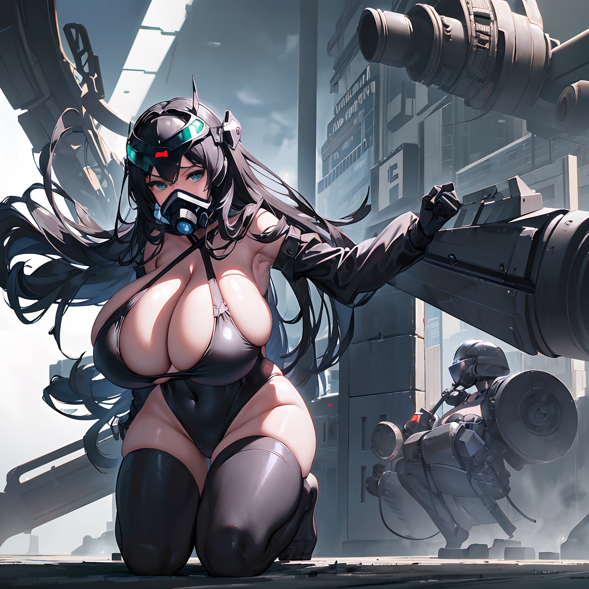 V-shaped swimsuit，(gigantic cleavage breasts:1.4)，black pantyhoses，black long hair，Mechanical helmet，no shoes，Full body like，Para cobrir seu rosto，Gas masks，exposing your navel，Expose the armpits，white backgrounid，simplebackground