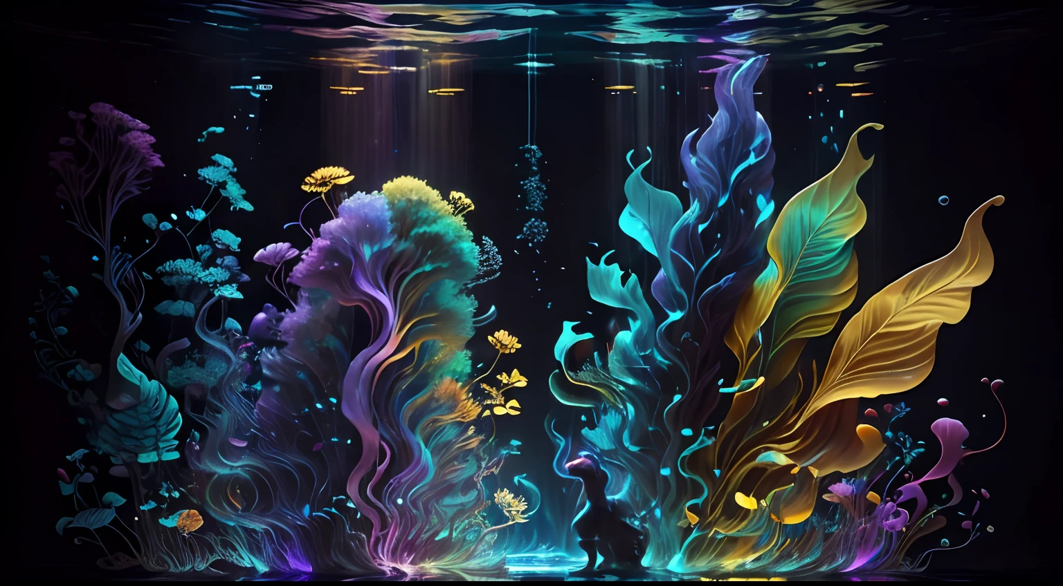 Arte en movimiento,medusas bioluminiscentes flotando en la profundidad del oceano, llevadas por la corriente. Colores fluidos, translucidos , fosforescentes, de colores brillantes, colores radiantes, psicodelicos,iluminan el entorno oscuro con su fosforescencia, sensacion de movimientos fluidos , arremolinados, movimiento de los tentaculos de acuerdo al arte de los fluidos en movimiento,obra maestra, Beautiful psychedelic entropy