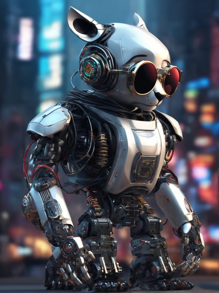 A panda robot,Wearing sunglasses, with headphones on, Standing position, Abstract beauty, Dynamic, Highly detailed digital painting, concept-art, 8K, high definition resolution