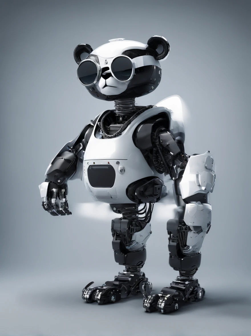 A panda robot,Wearing sunglasses, with headphones on, Standing position, Abstract beauty, Dynamic, Highly detailed digital painting, concept-art, 8K, high definition resolution