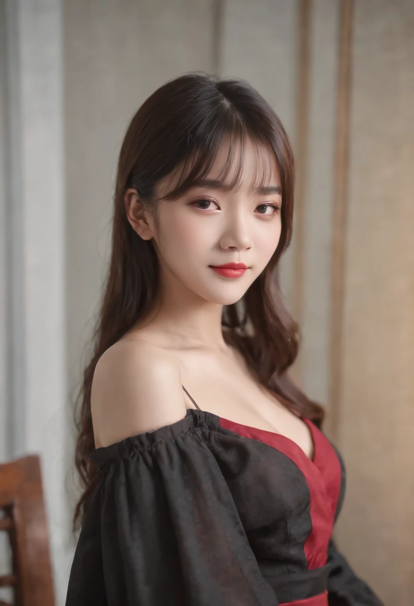 top-quality, Photorealsitic, ​masterpiece, 8K, Hi-Res, 独奏, 1girl, (((infp young woman))),sixteen years old、full bodyesbian、(small tits), ((Look at viewers)), (look at a camera), ((Various hairstyles close to long)）、Perfect straight black hair、((With bangs))、 (profetional lighting), Highly detailed bright face、Gentle Japan girl、lovely smile、Small cleavage、Red dress（long-sleeve）、Standing in the room