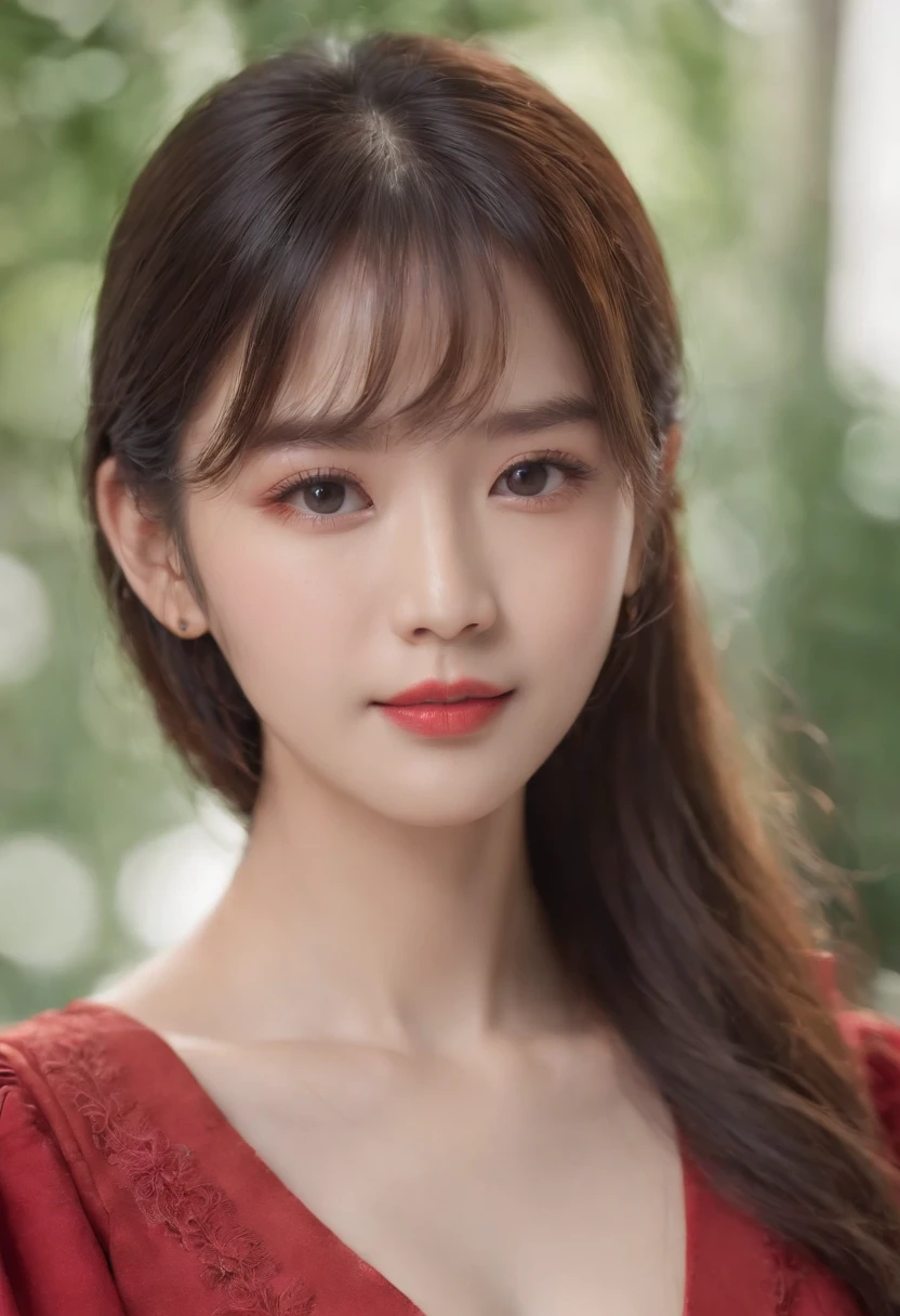 top-quality, Photorealsitic, masterpiece, 8K, Hi-Res, 独奏, 1girl, (((infp young woman))),、full bodyesbian、(small tits), ((Look at viewers)), (look at a camera), ((Various hairstyles close to long))、Perfect straight black hair、((With bangs))、 (profetional lighting), Highly detailed bright face、Gentle Japan girl、lovely smile、Small cleavage、Red dress(long-sleeve)、Standing in the room