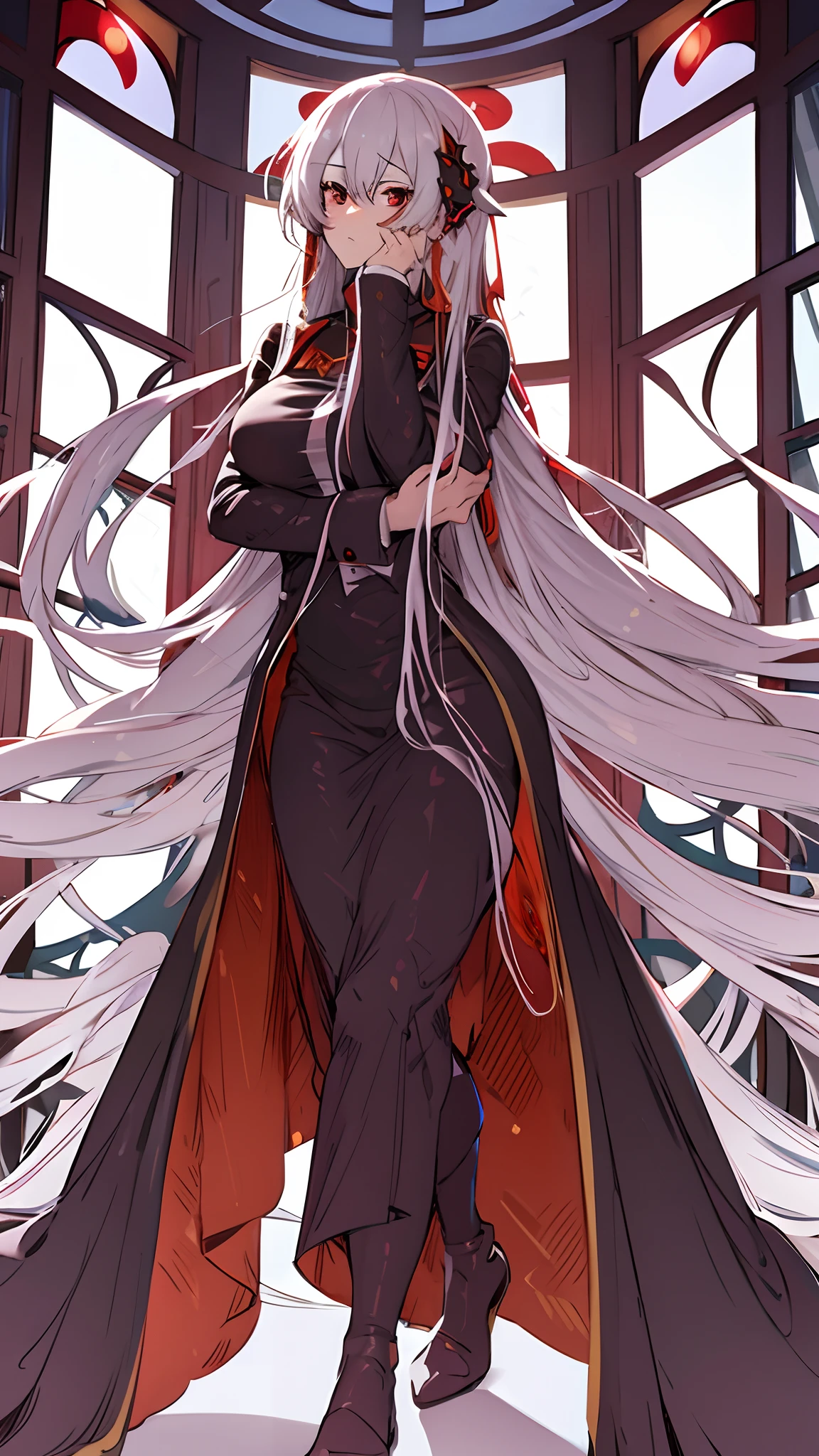 Masterpiece,(best qualtiy),highly  detailed,Ultra-detailed, Cold , Solo , 1girll , a beauty girl , stare , (Red eyes:1.5) , (Beautiful detailed eyes:1.2) , (Long hair:1.2) , (White hair:0.8) , (Silver hair:0.5) , (Wing-like bangs:0.5) , (Dull hair:0.5) , (ahoge:0.5) , (Hair rings:0.5) , (Braid:0.5)