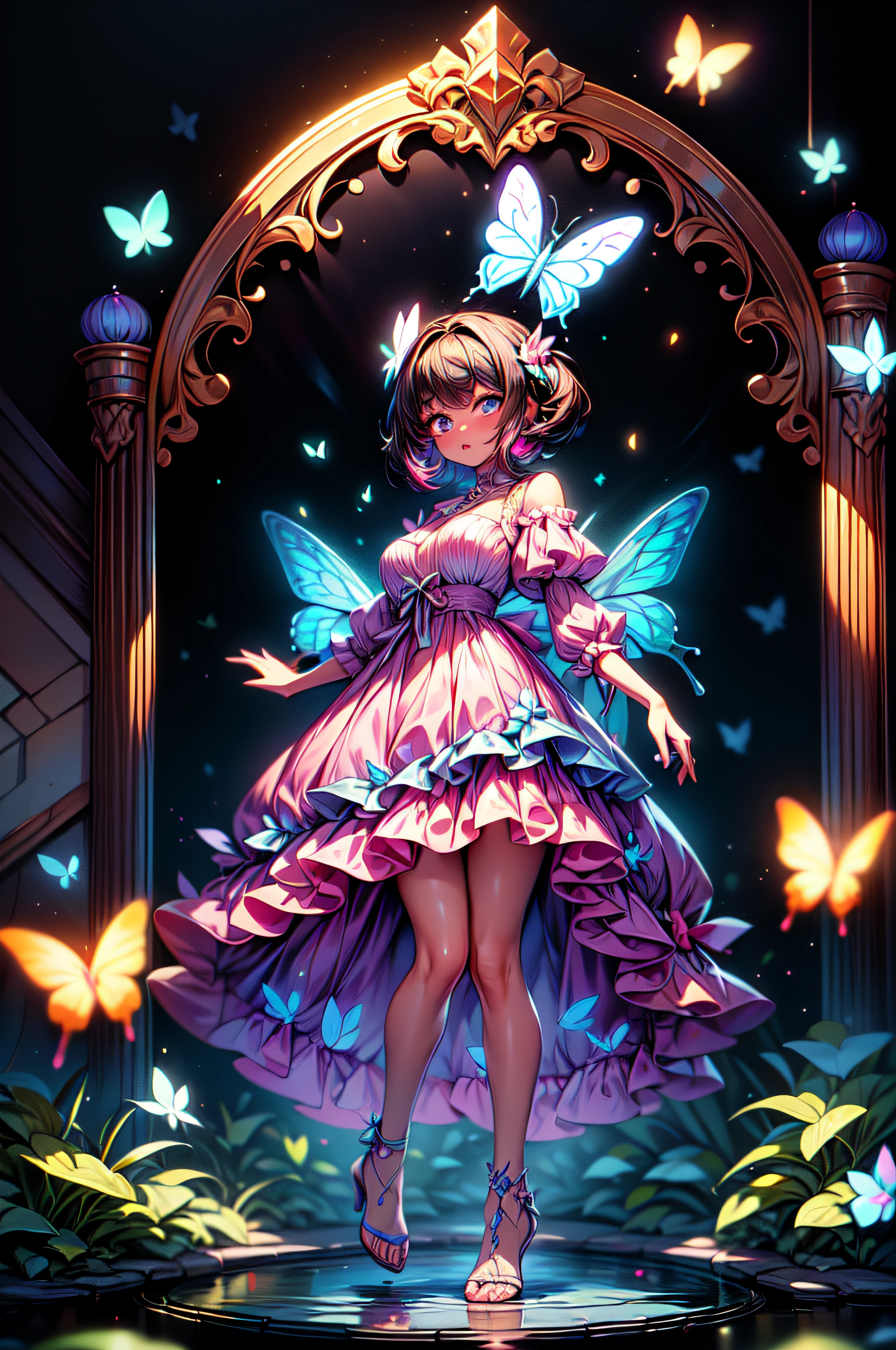 bird's-eye shot, Best quality, Beautiful detailed, Ambient light, Ray-traced reflections, glowing aura, 1 girl,wide shot, A girl, full body, long, multicolored hair, dark skin, butterfly wings on her back, flying and touching the water that covers the entire ground with the tips of the toes, Wearing semi-transparent clothing, good lighting, Incredible detailed particle illumination, full body, Butterflies around.irl, looking the camera.
