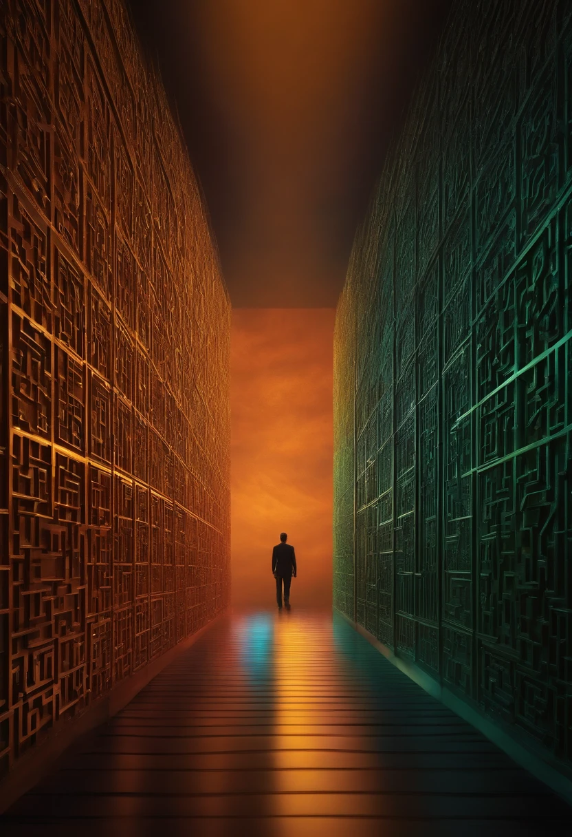 Image of a person lost in an endless maze with countless doors, that person standing right at the beginning of the maze and the image of the maze gradually fading away