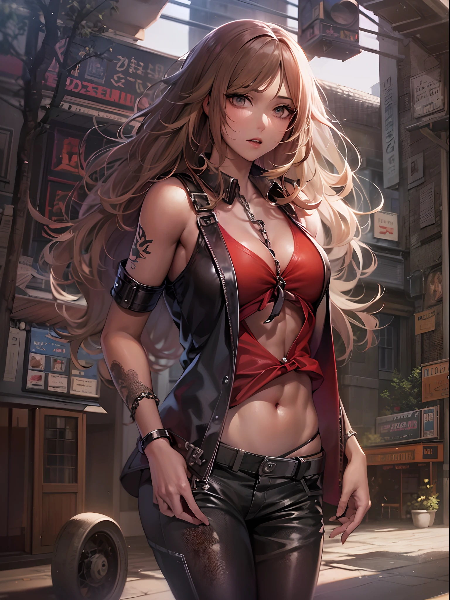 ((The chest is super huge, Long hair, small head)), Daylight, Sunlight, (well-defined abs: 1.1), (Perfect body: 1.1), (short wavy hair: 1.2), Russet Hair, Collar, chain, Full body photo, Shabby street, wearing a black tank top,  ((Red leather pants)), (Very detailed CG 8k wallpaper), (Extremely delicate and beautiful), (masutepiece), (Best Quality: 1.0), (Hyper-Resolution: 1.0), Beautiful lighting, Perfect Lightning, Realistic Shadows, [High resolution], detailed skins, ultra-detailliert