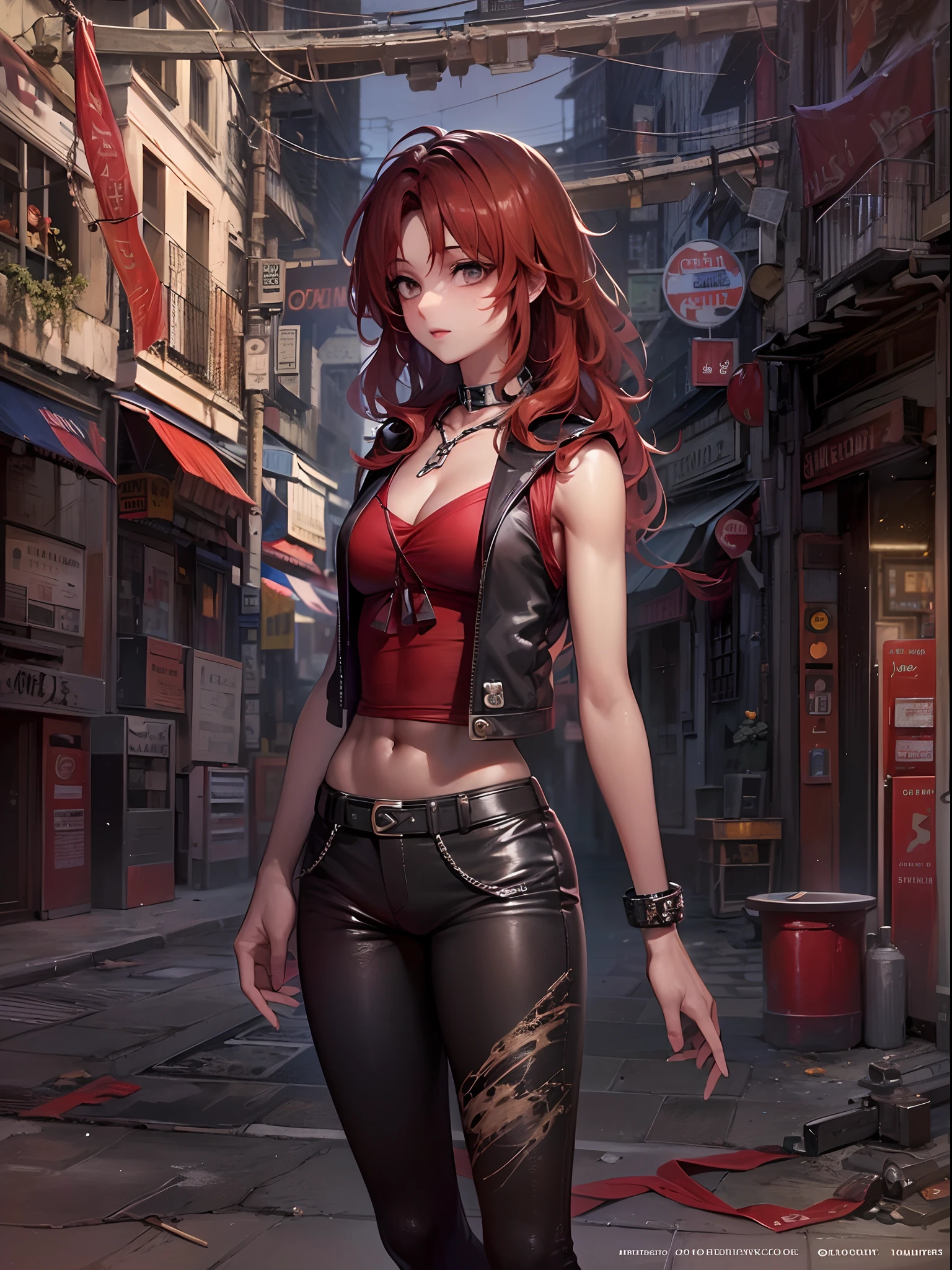 ((The chest is super huge, Long hair, small head)), Daylight, Sunlight, (well-defined abs: 1.1), (Perfect body: 1.1), (short wavy hair: 1.2), Russet Hair, Collar, chain, Full body photo, Shabby street, wearing a black tank top,  ((Red leather pants)), (Very detailed CG 8k wallpaper), (Extremely delicate and beautiful), (masutepiece), (Best Quality: 1.0), (Hyper-Resolution: 1.0), Beautiful lighting, Perfect Lightning, Realistic Shadows, [High resolution], detailed skins, ultra-detailliert