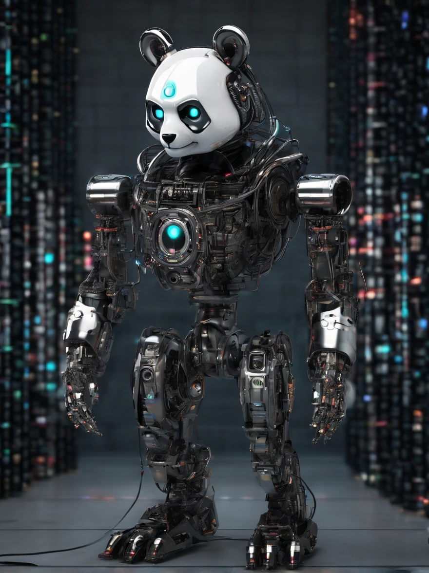 A panda robot,Wearing sunglasses, with headphones on, Standing position, Abstract beauty, Dynamic, Highly detailed digital painting, concept-art, 8K, high definition resolution