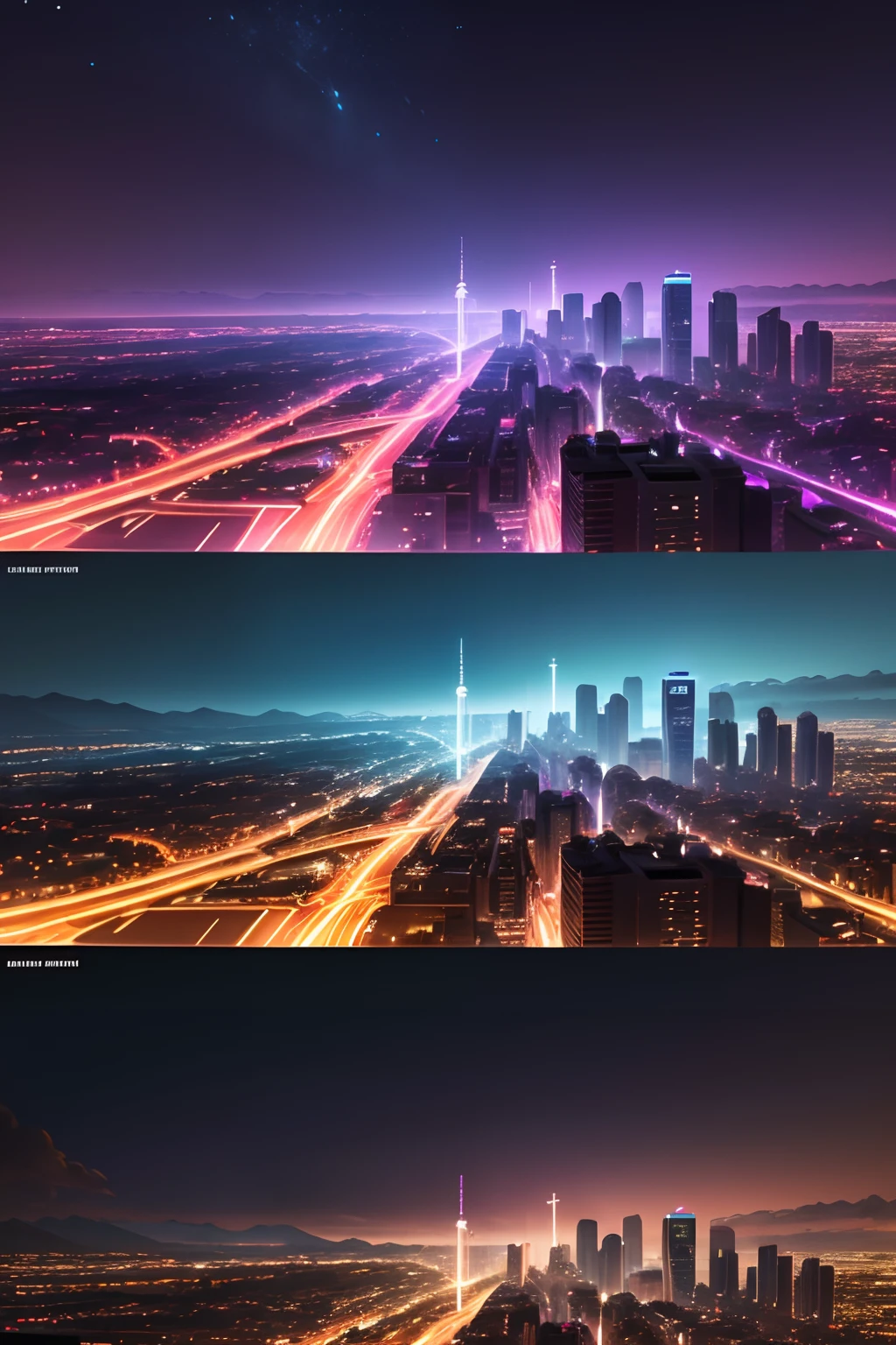 /imagine prompt: Welcome to the city of tomorrow, uma paisagem urbana que parece ter surgido diretamente de um sonho futurista. Ao se aproximar, You are greeted by a bright horizon that stretches as far as the eye can see. Proudly erected skyscrapers are shrouded in shimmering glass and metal facades adorned with a myriad of neon lights drawing hypnotic patterns. in the nighttime, The city becomes a spectacle of light and color. The neon signs on the facades of the buildings flash and glow in all the colors of the rainbow, creating an electric palette reflected in the busy streets. Flying cars soar through the skies on glittering runways, deixando rastros luminosos em seu rastro, enquanto drones zumbem suavemente acima, transportando mercadorias de um ponto a outro. As ruas ficam lotadas de gente, todas vestidas com trajes modernos e estilosos. Pedestrians are illuminated by interactive sidewalks that react to their footsteps, creating a sparkling effect under your feet. As people move, Neon panels on sidewalks display ephemeral messages, greetings and interactive announcements. The buildings themselves are true architectural masterpieces. Terraced gardens, Hanging stairs and glass bridges connect the buildings, creating a complex network that allows people to move easily from one building to another. Large glass domes extend over outdoor meeting areas, Protecting the city's inhabitants from adverse weather conditions, while offering stunning panoramic views of the bright skyline. in the nighttime, The terraces of the buildings turn into lively meeting points with bars and restaurants offering spectacular views of the city while the stars shine in the sky. Electronic music echoes through the streets, criando uma trilha sonora pulsante que envolve todos na cidade futurista. Em resumo, The city of tomorrow is a stunning vision of a futuristic world where architecture daars