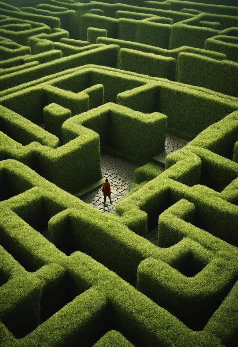 Image of a cartoon character lost in an endless maze full of moss, stone walls and countless doors, that person stands at the beginning of the maze and the image of the maze gradually fades