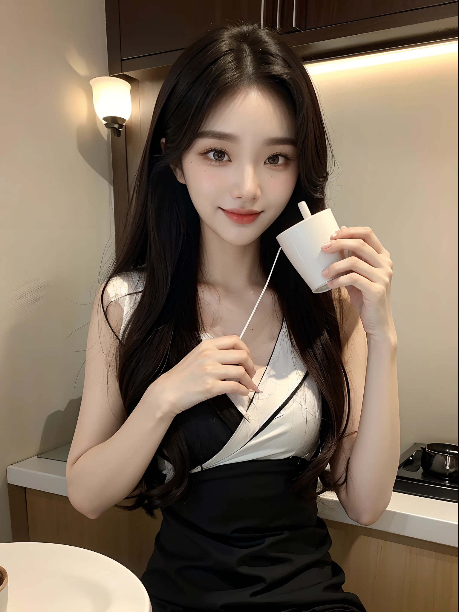 masterpiece、top-quality)、1 beutiful girl、Slim body、((Black and white loungewear:1.1))、(Detailed beautiful eyes)、In the kitchen of a rich man's house、Face similar to Chaewon in Le Selefim、((Boyish Brown Medium Hair))、((Smaller face))、((Neutral face))、((Light brown eyes))、((Korean Girl))、((18year old))、((cool lady))、((A shy smile on his face))、((Korean Makeup))、((elongated and sharp eyes))、((Happy dating))、((boyish))、((She is pouring coffee into a glass))、((shot from front))、((Her eyes are on the cup.))