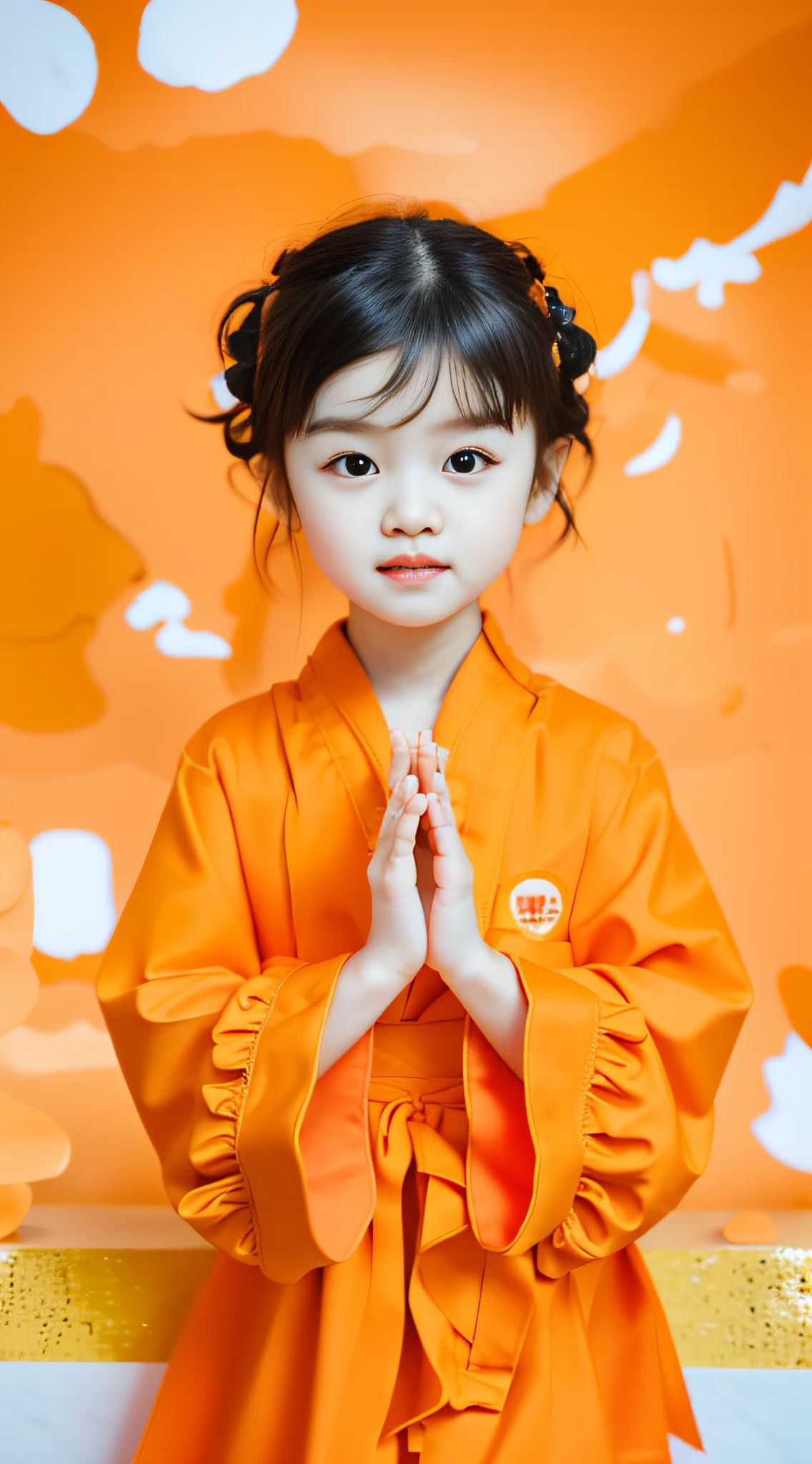 A  girl wearing an orange robe，had his hands folded，Face the camera，The background is a temple