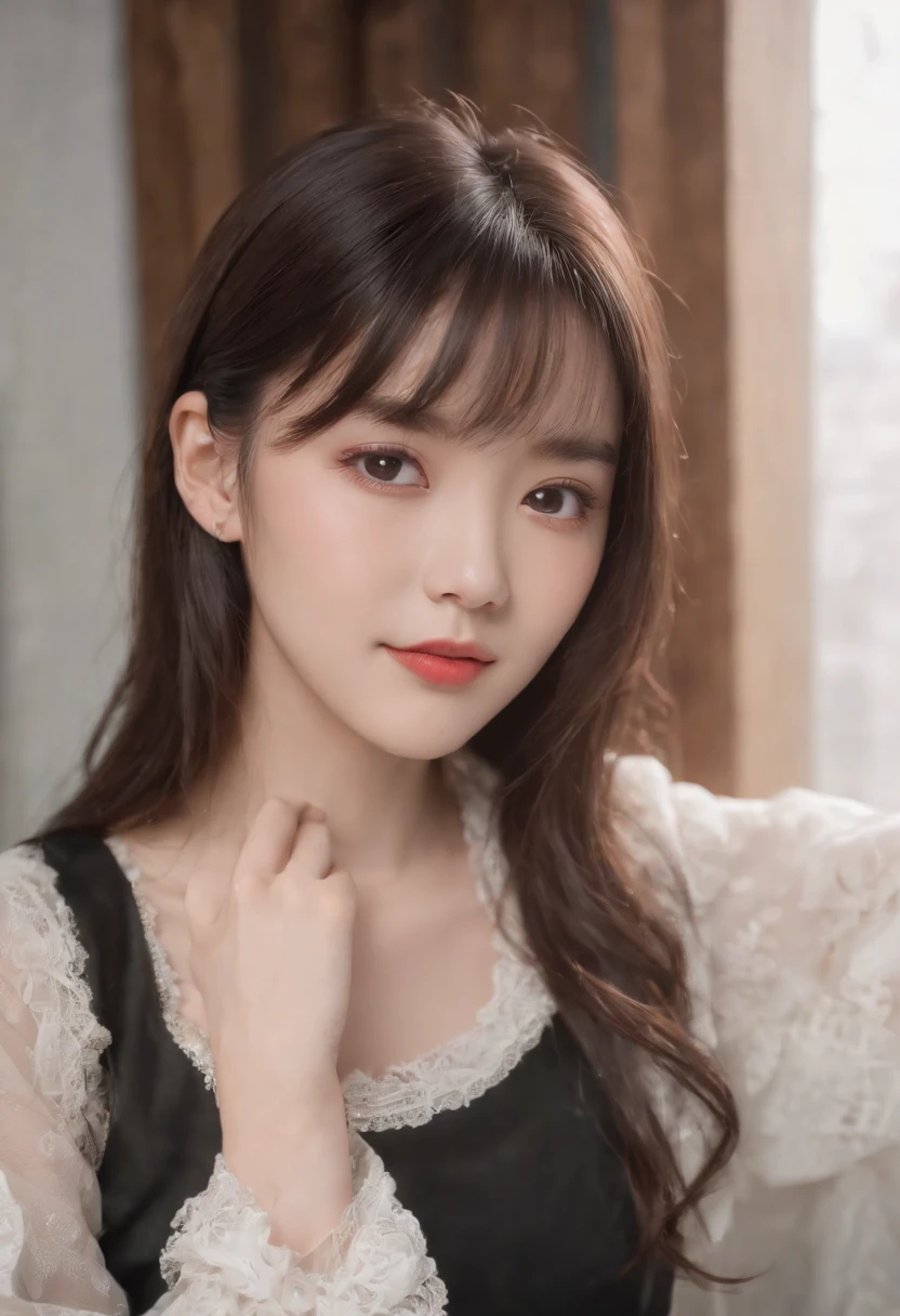 top-quality, Photorealsitic, masterpiece, 8K, Hi-Res, 独奏, 1girl, (((infp young woman))),sixteen years old、full bodyesbian、(small tits), ((Look at viewers)), (look at a camera), ((Various hairstyles close to long))、Perfect straight black hair、((With bangs))、 (profetional lighting), Highly detailed bright face、Gentle Japan girl、lovely smile、Small cleavage、White dress(long-sleeve)、Standing in the room