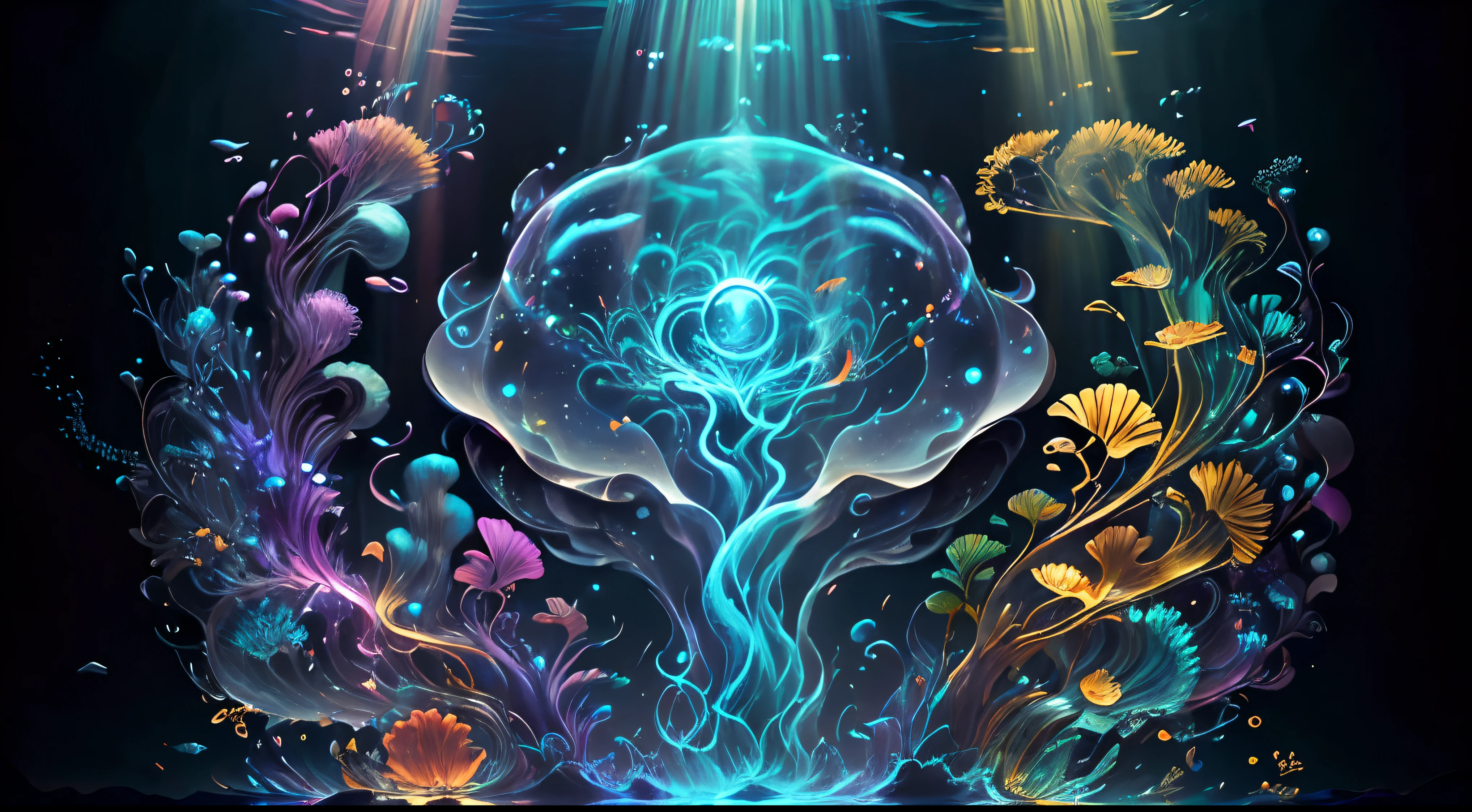 Arte en movimiento,medusas bioluminiscentes flotando en la profundidad del oceano, llevadas por la corriente. Colores fluidos, translucidos , fosforescentes, de colores brillantes, colores radiantes, psicodelicos,iluminan el entorno oscuro con su fosforescencia, sensacion de movimientos fluidos , arremolinados, movimiento de los tentaculos de acuerdo al arte de los fluidos en movimiento,obra maestra, Beautiful psychedelic entropy