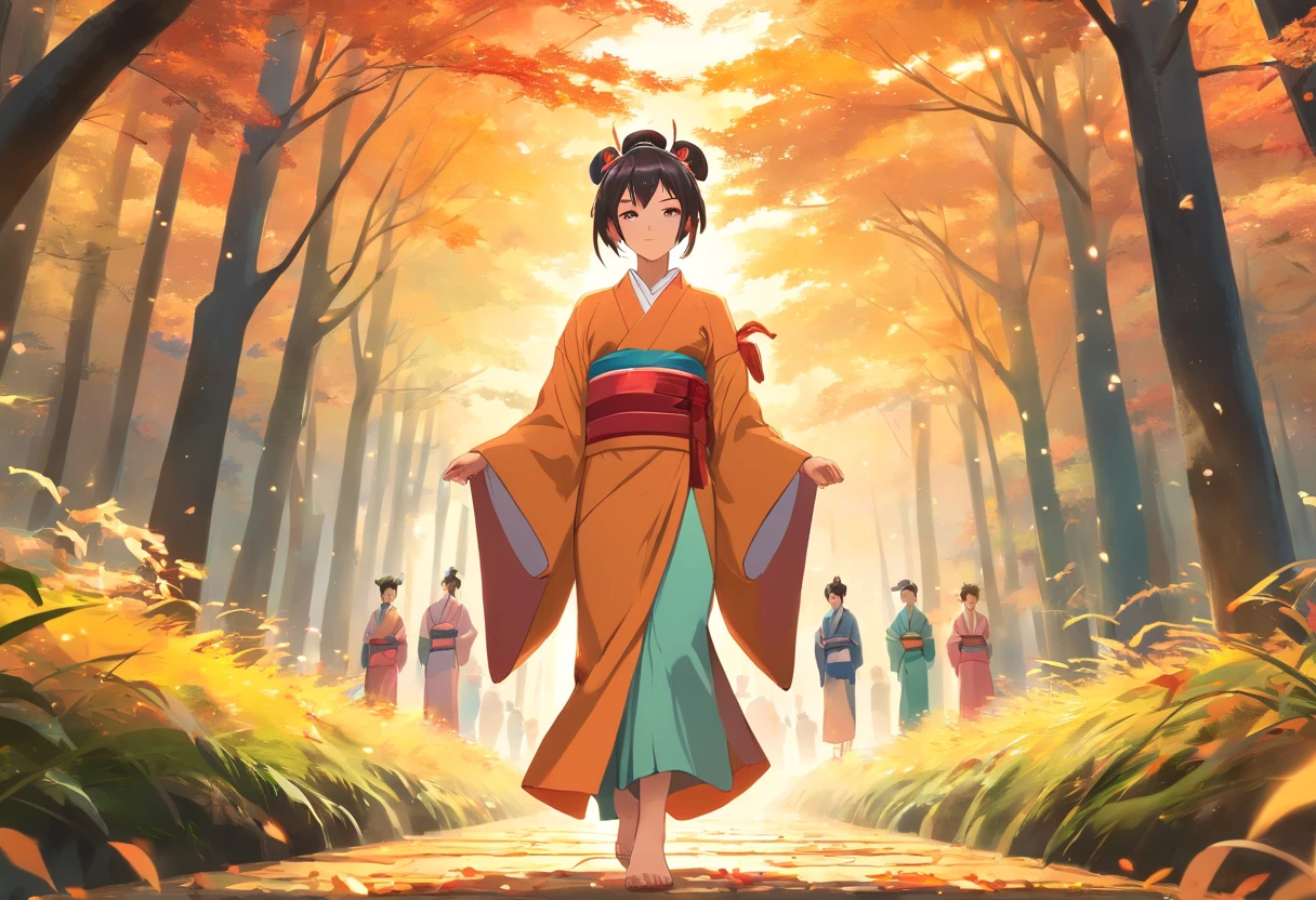 (Super elaborate CG Unity 8K wallpaper), (masterpiece), (highest quality), (realistic), geisha, kimono, dance, elf, pointed ears, ((best quality)), (super detailed)), (((photo)), autumn Japan forest