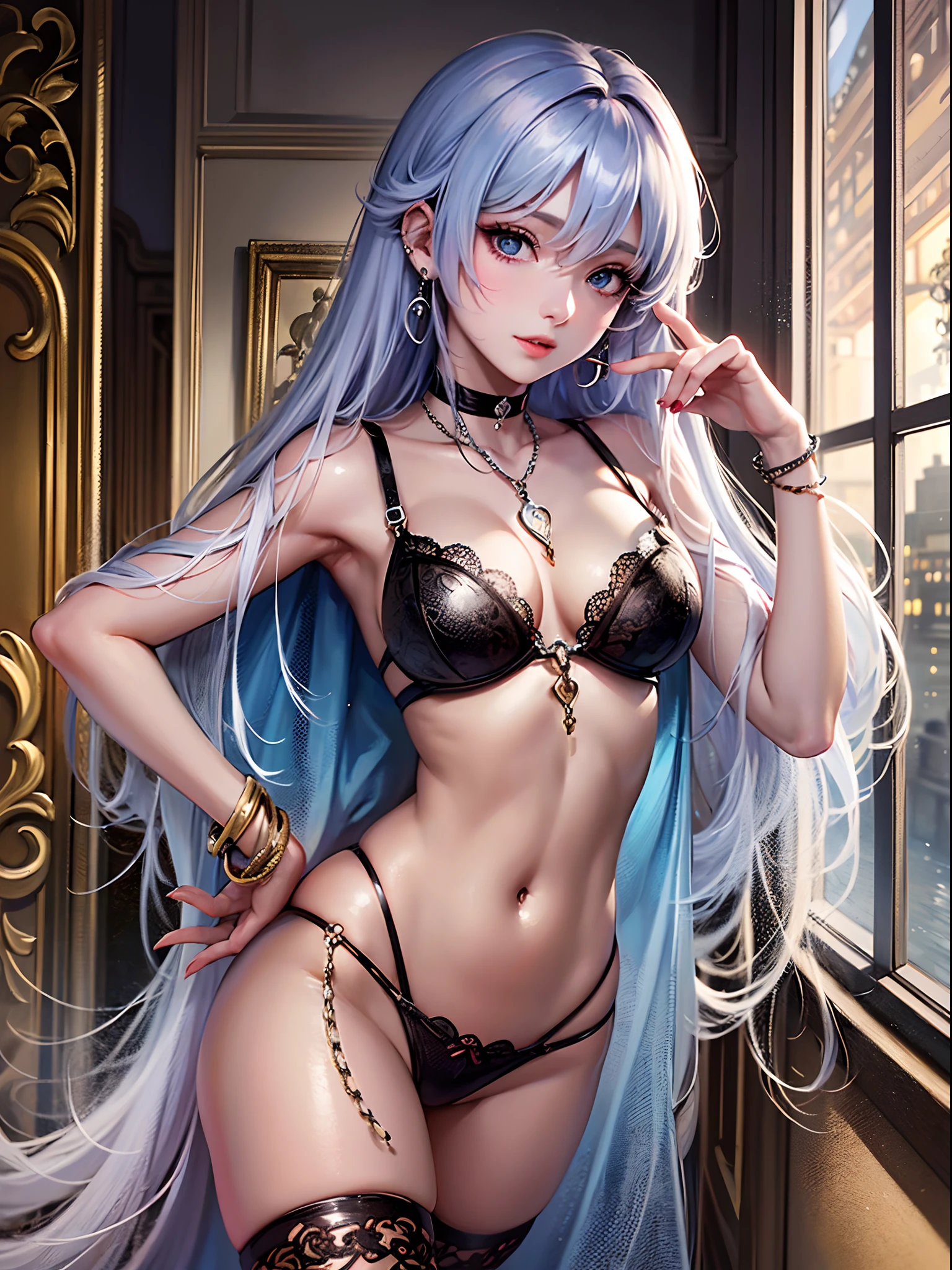 (Finest quality)),(超A high resolution),(ultra-detailliert),(Meticulous portrayal),((Best Anime)),(Finest works of art),sharpnes,Clair,Ultra-precise art,The Art of Phenomenal Depictions, Glamorous Body,((Seductive fashion)),a choker,Chain Accessories,piercings