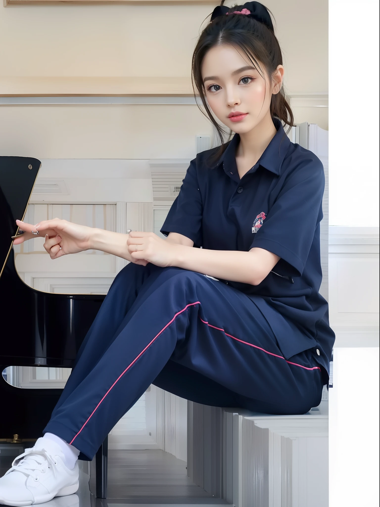 1girl in piano room,navy shirt,longtrackpants,whiteshoe,masterpiece,cute face,raw photo