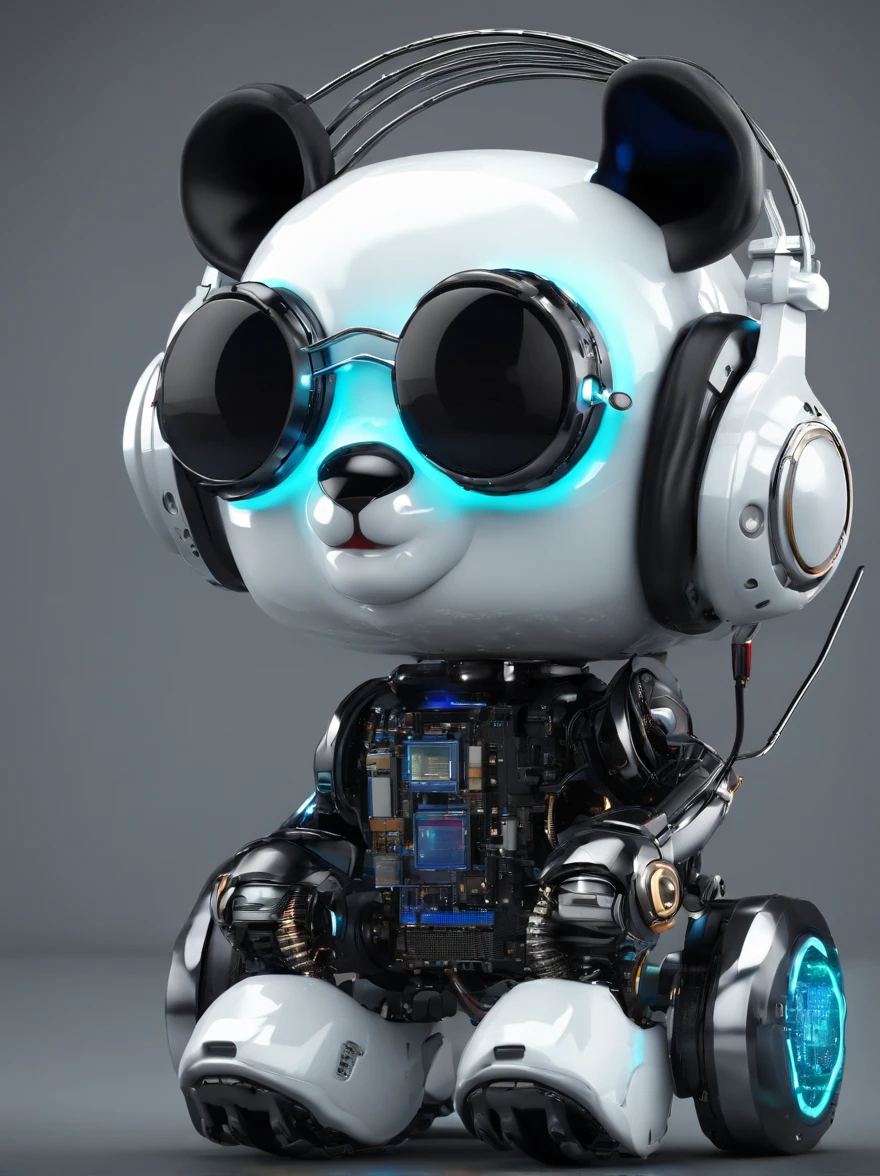 A cute panda robot,Wearing sunglasses, with headphones on, Standing position, Abstract beauty, Dynamic, Highly detailed digital painting, concept-art, 8K, high definition resolution