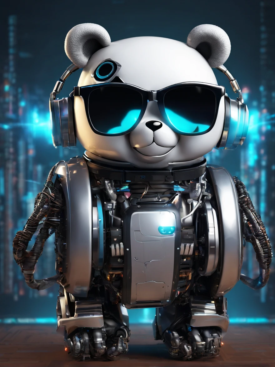 A cute panda robot,Wearing sunglasses, with headphones on, Standing position, Abstract beauty, Dynamic, Highly detailed digital painting, concept-art, 8K, high definition resolution