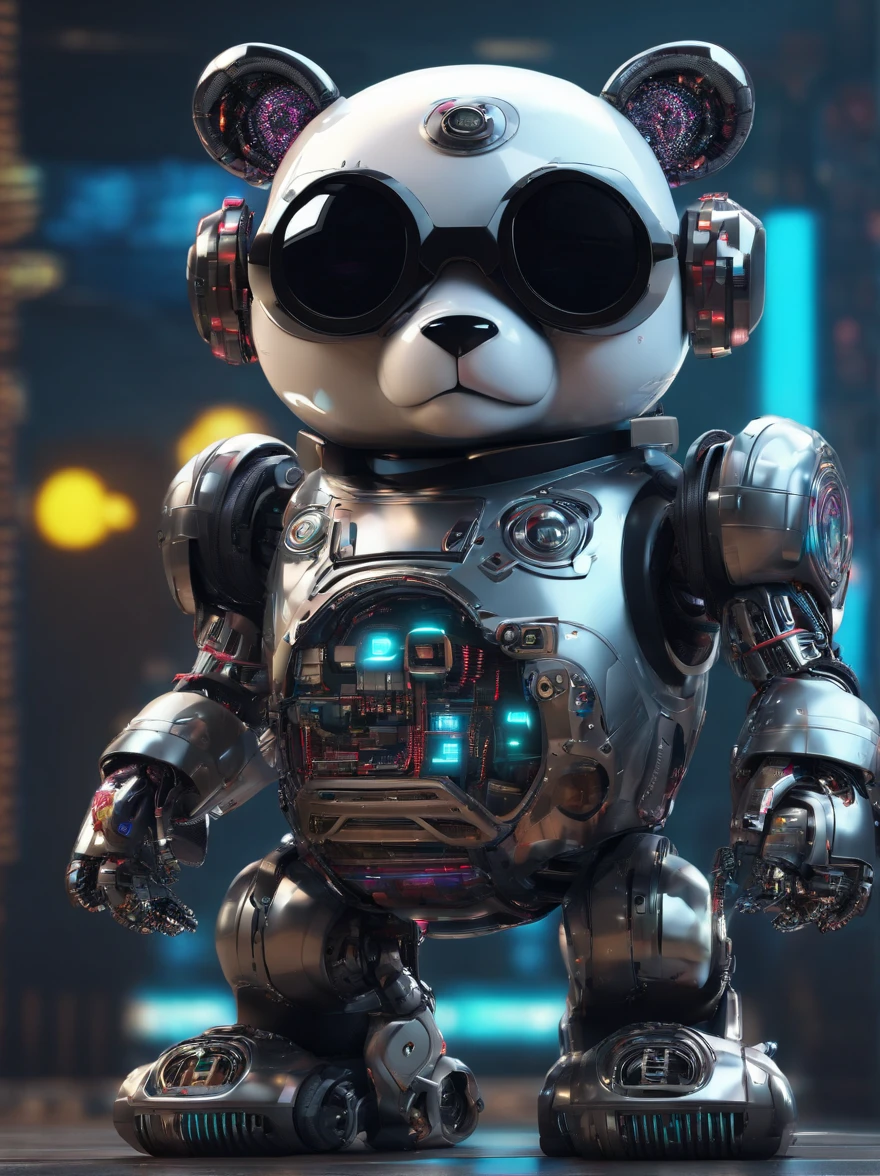 A cute panda robot,Wearing sunglasses, with headphones on, Standing position, Abstract beauty, Dynamic, Highly detailed digital painting, concept-art, 8K, high definition resolution