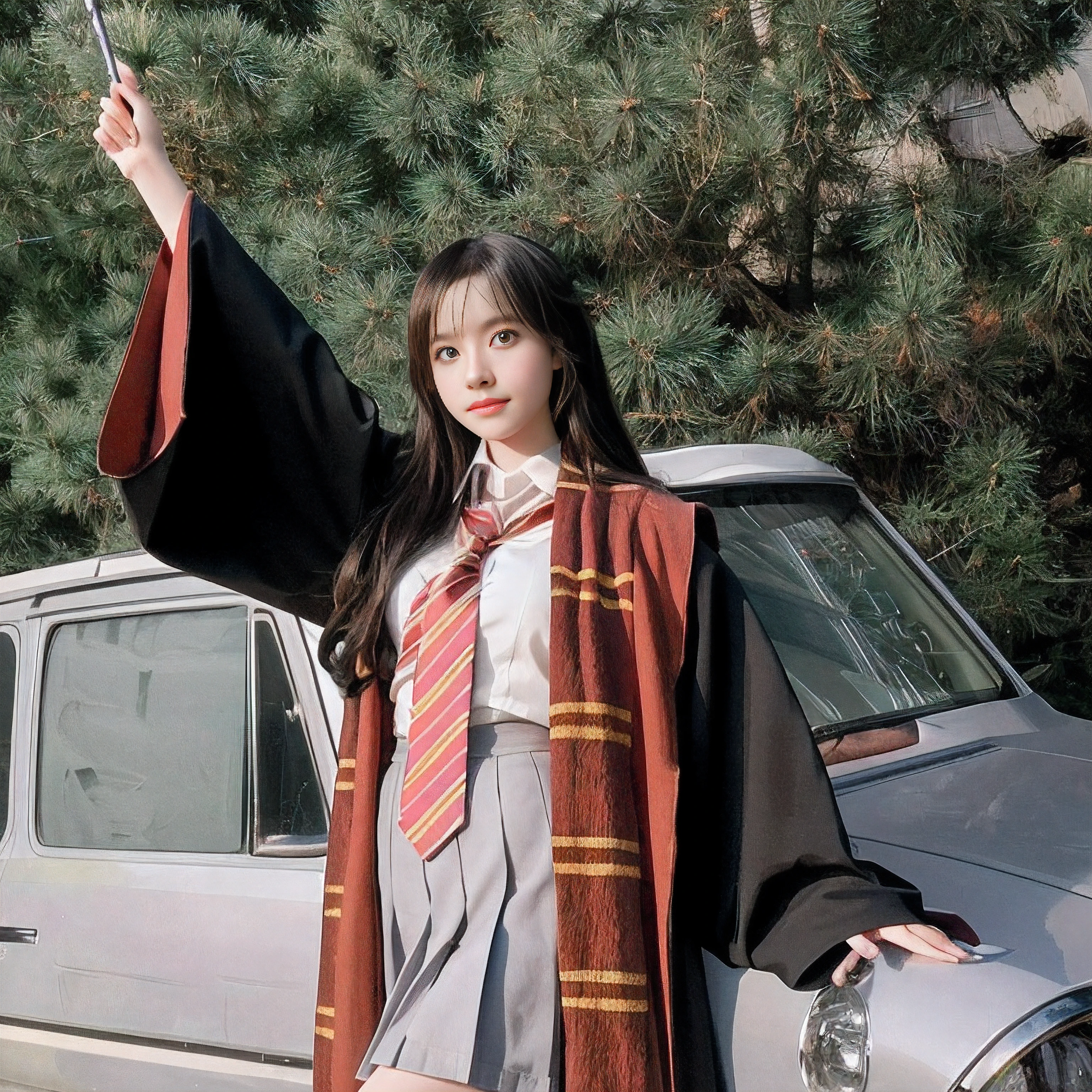 There was a woman in a Harry Potter robe holding a wand, holding a wand, cosplay foto, holding wand, a young female wizard, holding wands, Anime girl cosplay, rpgmaker, realistic cosplay, close up portrait shot, holding the elder wand, beautiful female wizard, Portrait shooting, Anime cosplay, professional cosplay, she is holding a long staff