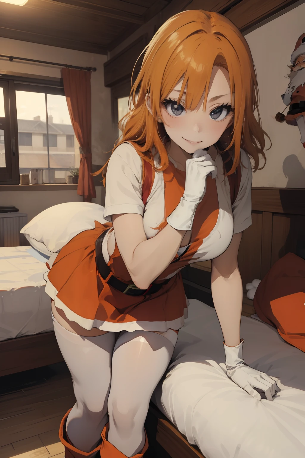 (​masterpiece、top-quality、top-quality、Beautifully Aesthetic:1.2)、ighly detailed、highestdetailed、grey  eyes、orange color hair|Semi-long blonde hair、((Santa Claus Costume))、(pantyhose)、Matsumoto Rangiku、graffiti art、Look at the viewer、A smile、Bedroom、on the beds、(long boots)、((a miniskirt))、(red clothing)、(White Long Gloves)
