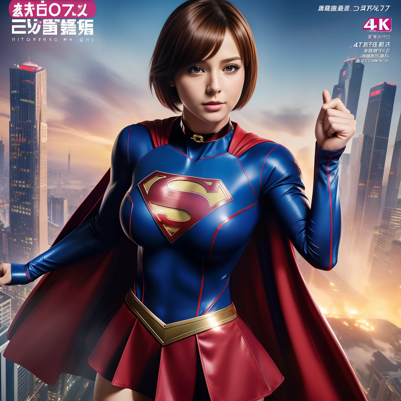 (Best Quality,4K,8K,hight resolution,masutepiece:1.2),Ultra-detailed,Realistic:1.37,Super masterpiece,Short-haired Supergirl、large full breasts、Looking at the camera、Glossy costume、a choker、Too short miniskirt、Magazine covers、Information Magazines