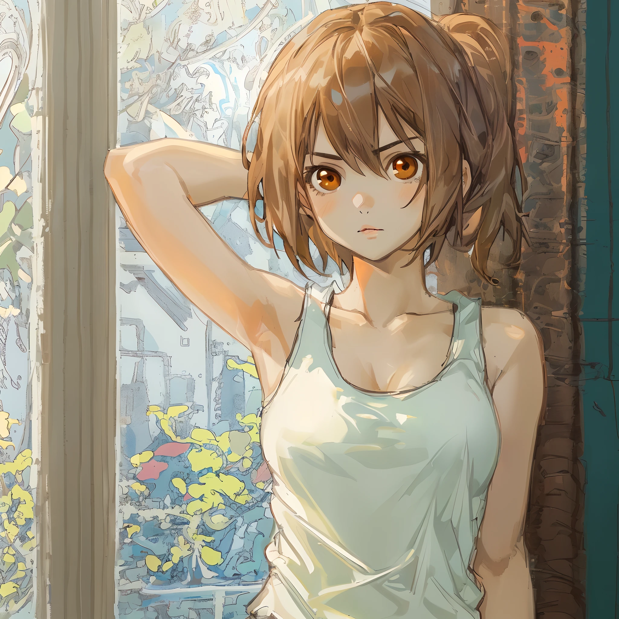 ((Best quality)), 1girl, tank top, brown hair, brown eyes