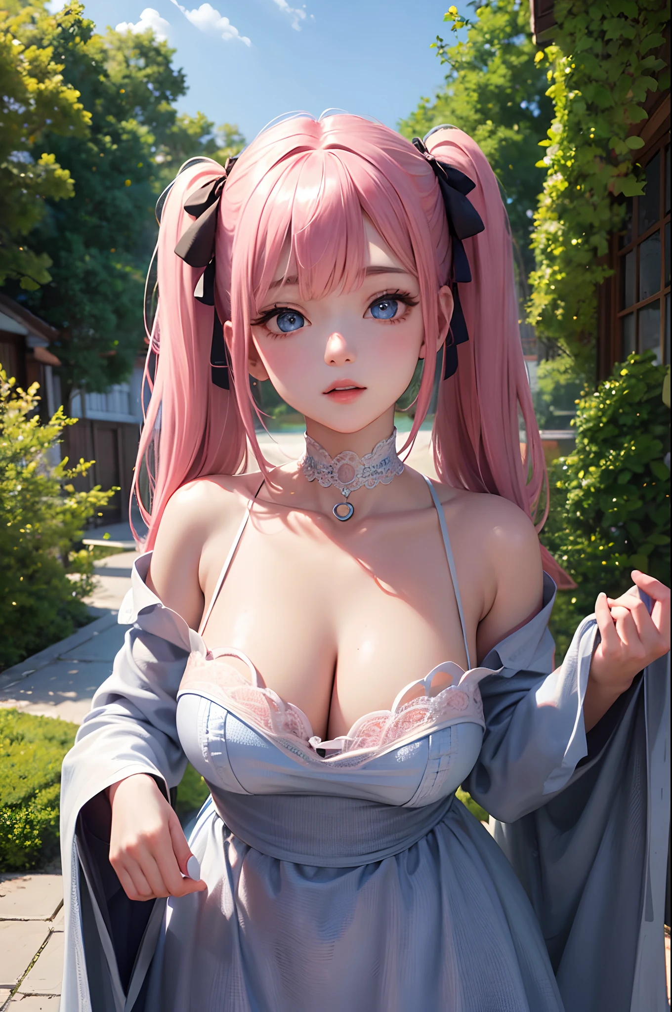 1girl in、looking at the viewers、
The upper part of the body、Beautiful blue eyes、Twin tails pink hair color、Moles under the eyes、Plump and glossy lips、Heart-shaped choker、。.。.。.3D、realisitic、
large full breasts、excessively frilled princess dress、draped clothes、jewely、ornament detached、florals、Lace trim、
masterpiece、top-quality、8K、detailed skin textures、Detailed Cloth Texture、beautifull detailed face、intricate-detail、ultra-detailliert、
Rim lighting、Side lighting、ciinematic light、超A high resolution、8K UHD、film grains、Best Shadow、delicated、gazing at viewer、front facing