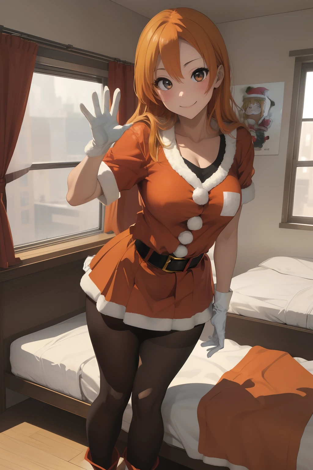 (masterpiece、top-quality、top-quality、Beautifully Aesthetic:1.2)、ighly detailed、highestdetailed、grey eyes、orange color hair|Semi-long blonde hair、((Santa Claus Costume))、(pantyhose)、Matsumoto Rangiku、graffiti art、Look at the viewer、A smile、Bedroom、on the beds、(long boots)、((a miniskirt))、(red clothing)、(White Long Gloves)