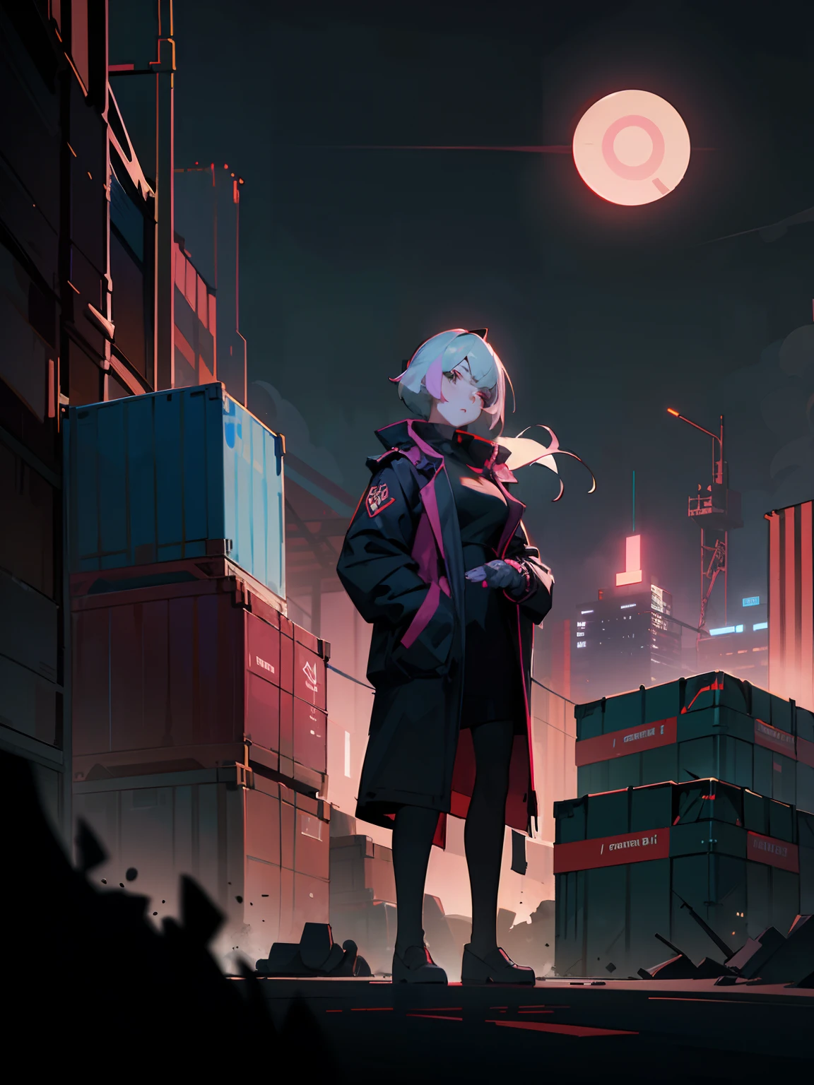 high-level image quality, ultra-detailliert, (Female Spy:1.3), Port warehouse district with dirty containers piled up, Foggy, Pastel Vector Eyes, (Night:1.5), HyperSmoke, Dark background,