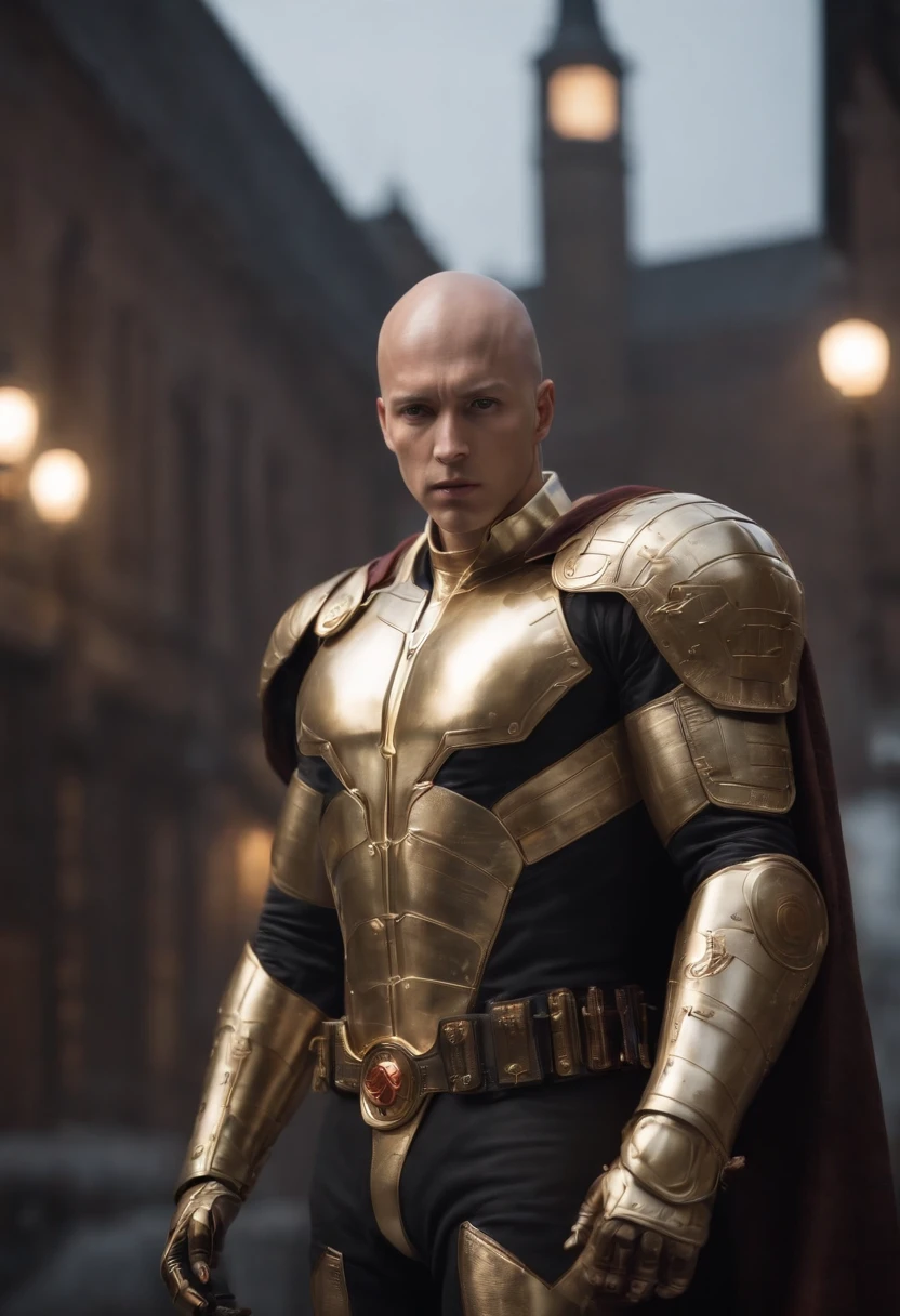 Saitama in One Punch Man,Full body shot in white and gold armor style suit, no mask on, White cape, looking at center camera, Perfectcomposition, beautiful detailed intricate insanely detailed octane render trending on artstation, 8 k artistic photography, Arte conceptual fotorrealista, soft natural volumetric cinematic perfect light, Chiaroscuro, an award winning photograph, Masterpiece, oil on the canvas, raffael, Caravaggio, greg rutkovsky, beeple, beksinski, Giger, trending on artstationh, Sharp focus, studio photo, Intricate details, Highly detailed, night city on the background, by Greg Rutkowski
