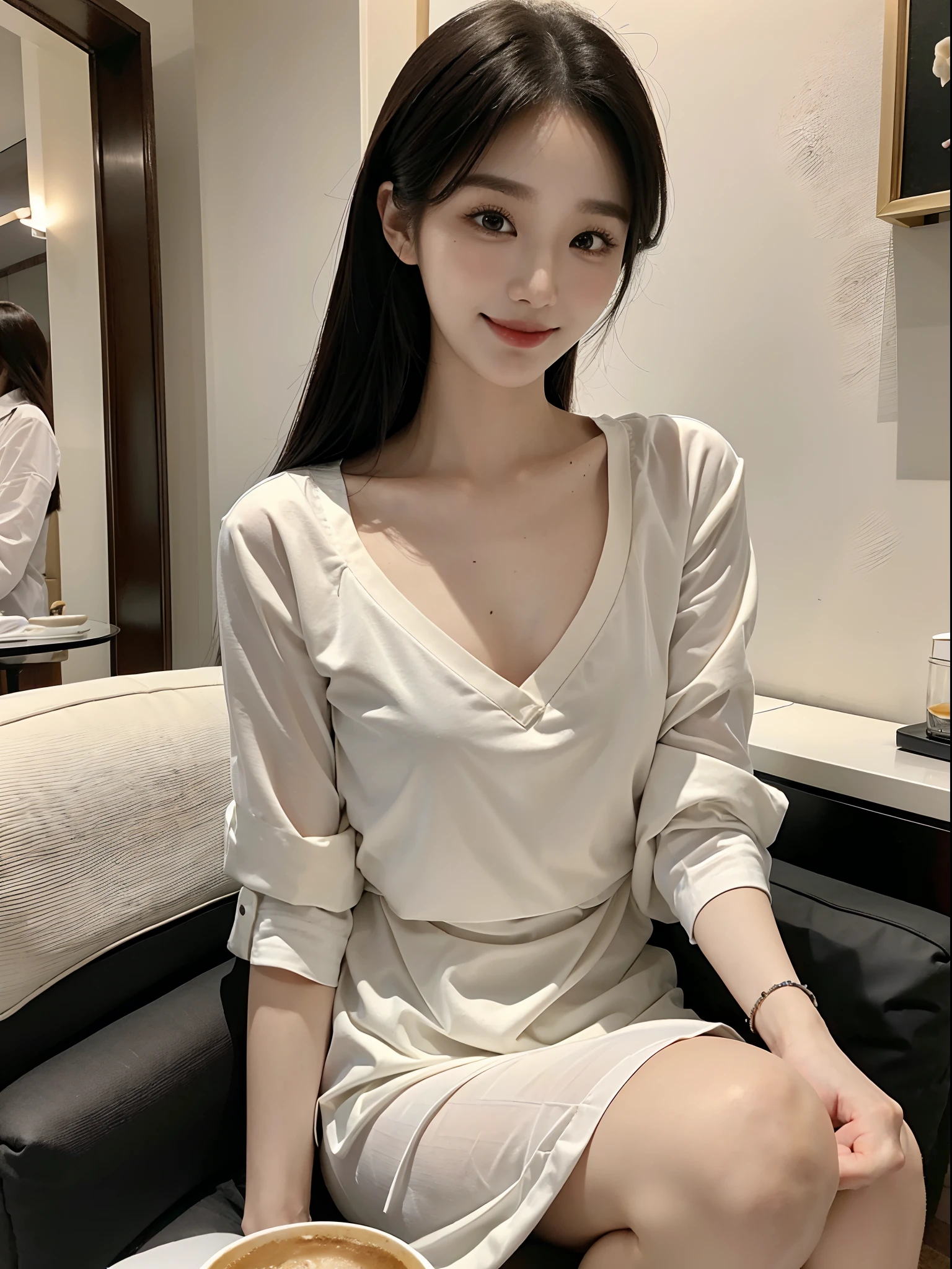 ​masterpiece、top-quality)、1 beutiful girl、Slim body、((Black and white loungewear:1.1))、(Detailed beautiful eyes)、In the kitchen of a rich man's house、Face similar to Chaewon in Le Selefim、((Boyish Brown Medium Hair))、((Smaller face))、((Neutral face))、((Light brown eyes))、((Korean Girl))、((18year old))、((cool lady))、((A shy smile on his face))、((Korean Makeup))、((elongated and sharp eyes))、((Happy dating))、((boyish))、((She is handing coffee to a glass))、((shot from front))