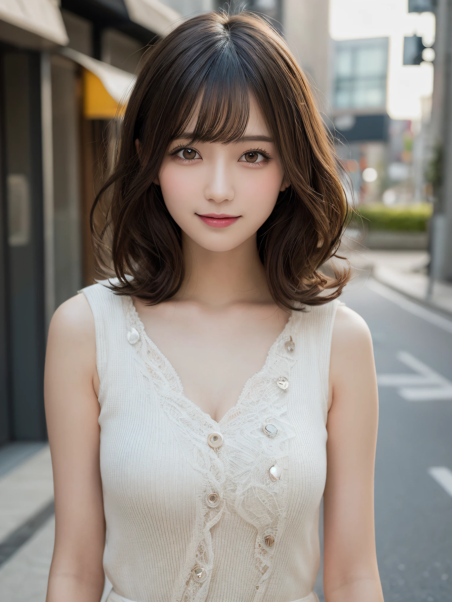 masutepiece, Best Quality, Illustration, Ultra-detailed, finely detail, hight resolution, 8K Wallpaper, Perfect dynamic composition, Beautiful detailed eyes, doress, mid-chest, Natural Color Lip, Random and sexy poses,Smile,Aoyama Street Walk、20 years girl、bobhair,Short hairstyle、Loose curly hair