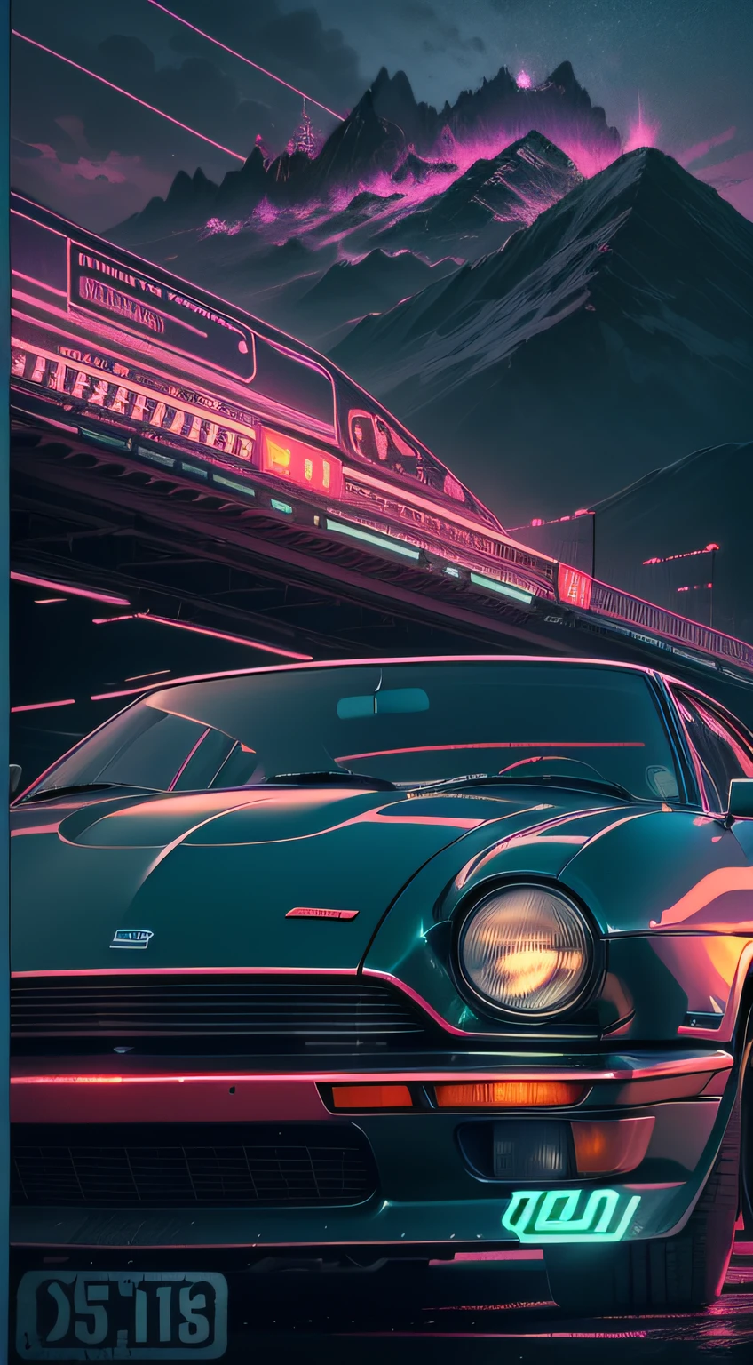 retrowave. City, 1969 Nissan S30, wide body kit, Road, PURPLE NEON MONITOR LIGHT, Sun, Mountain, (Masterpiece, Detailed, A high resolution),