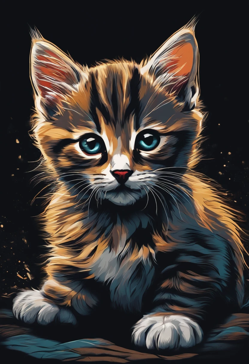 Imagination prompt: illustration of a kitten for a sticker with black background, bold outline style, jagged edges, junk core, light shading --v 5.2