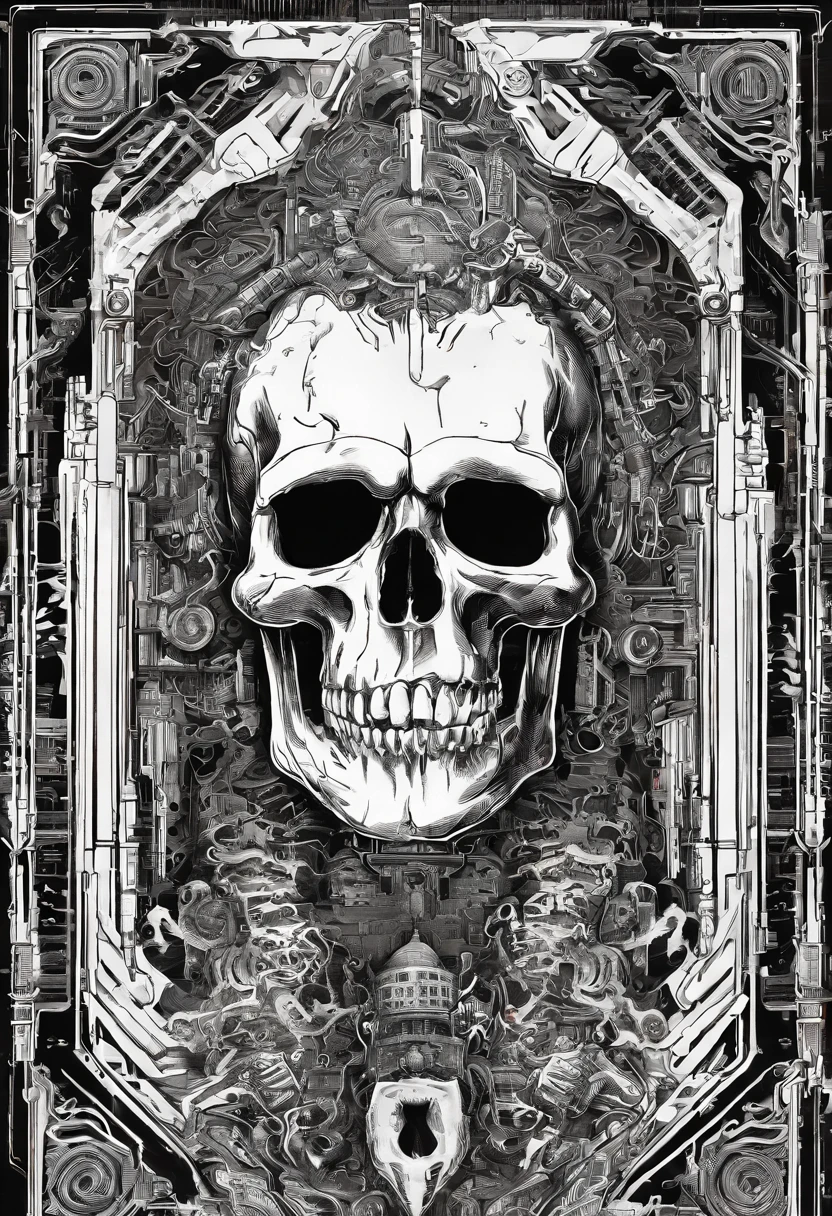 skull formed by a bleeding barcode, background factory chimneys,