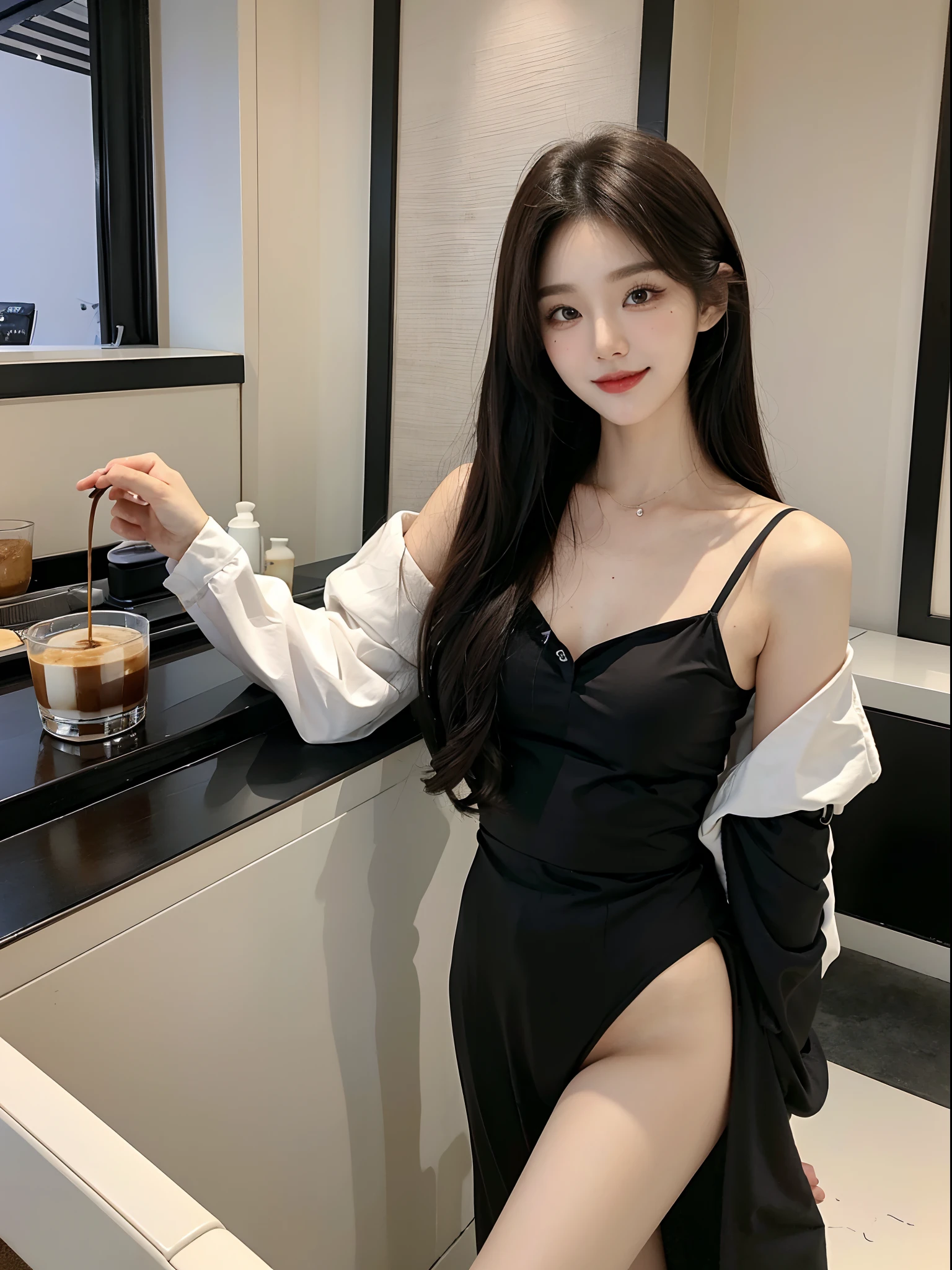masterpiece、top-quality)、1 beutiful girl、Slim body、((Black and white loungewear:1.1))、(Detailed beautiful eyes)、In the kitchen of a rich man's house、Face similar to Chaewon in Le Selefim、((Boyish Brown Medium Hair))、((Smaller face))、((Neutral face))、((Light brown eyes))、((Korean Girl))、((18year old))、((cool lady))、((A shy smile on his face))、((Korean Makeup))、((elongated and sharp eyes))、((Happy dating))、((boyish))、((She is handing coffee to a glass))、((shot from front))