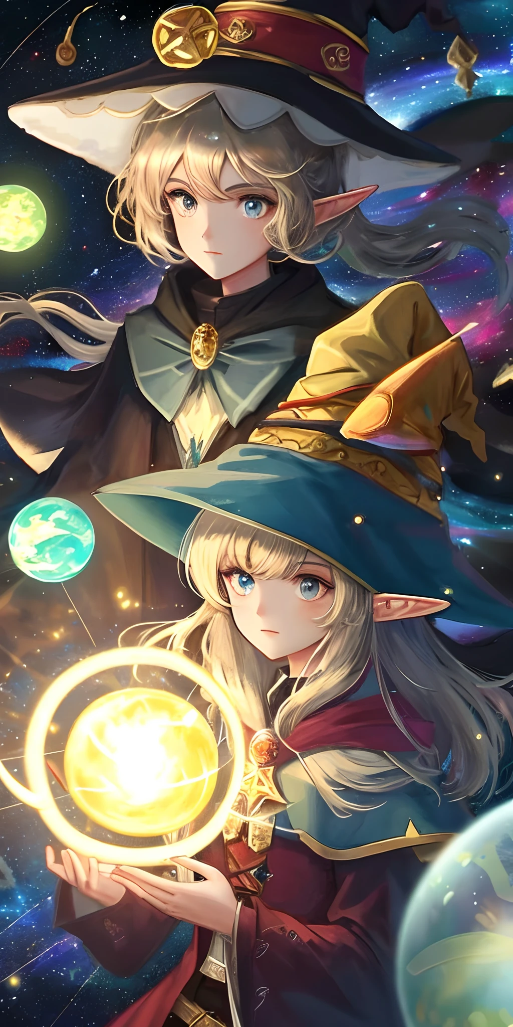 Best quality, A high resolution, 1girll, elf, Witch hat, Floating in space, energy sphere, Light particles, Shiny hair, Shining stars, fantasy,