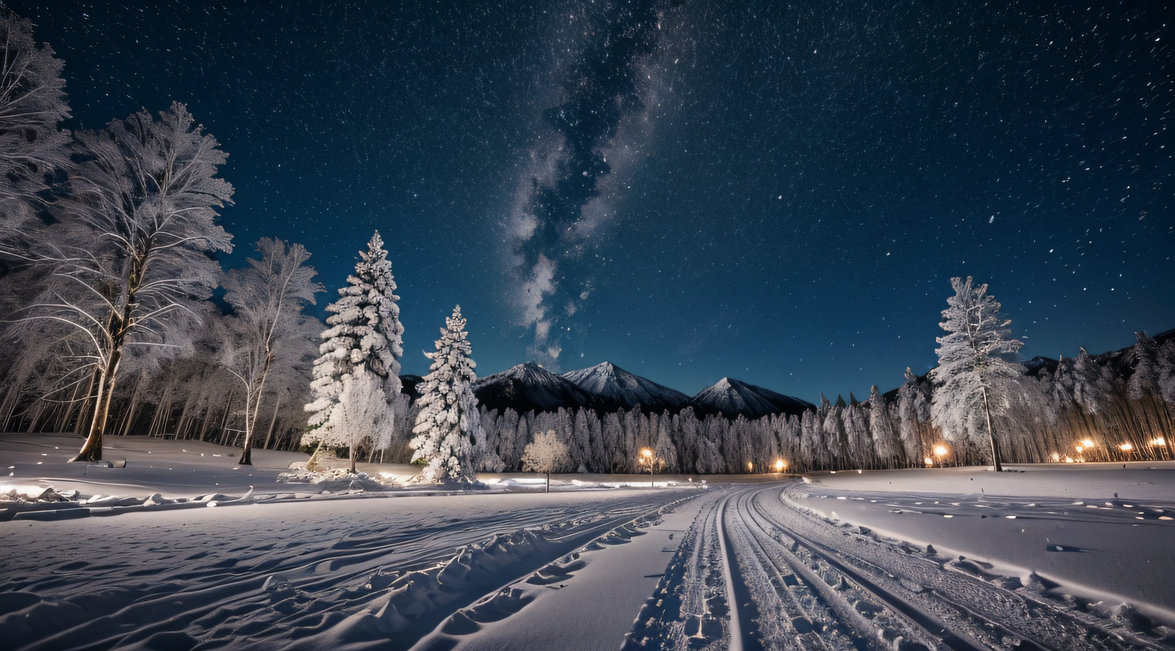 vale nevado noturno com floresta e chuva forte de neve