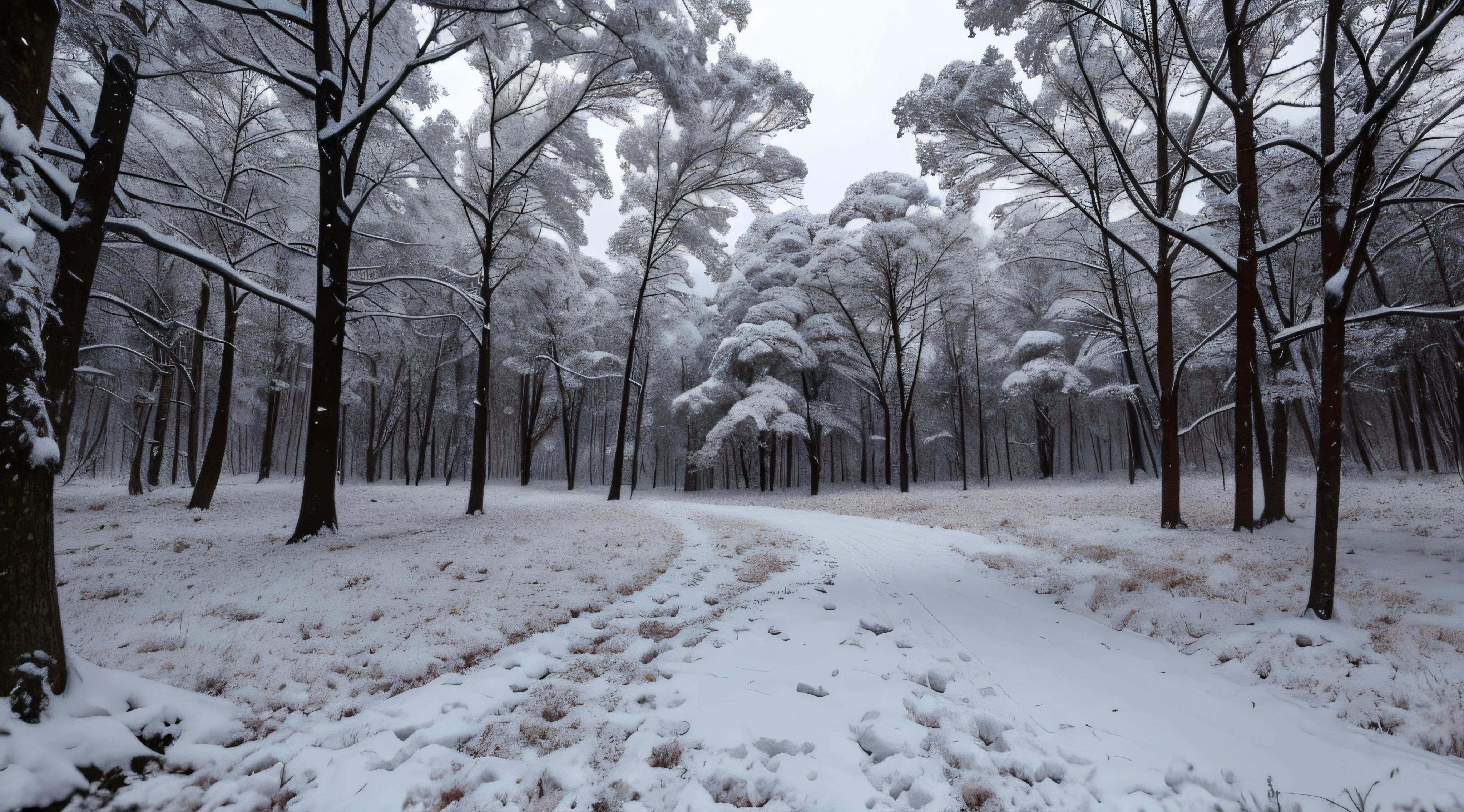 vale nevado noturno com floresta e chuva forte de neve