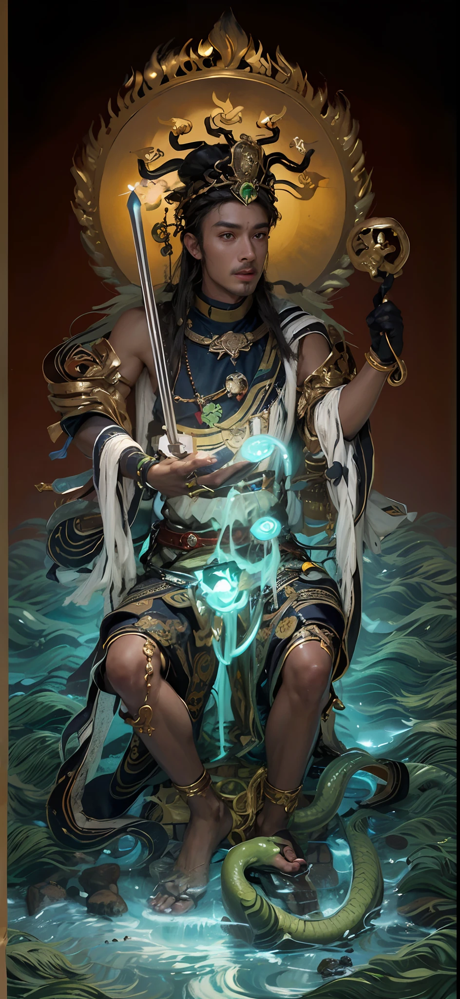 mythical character,Avatar,(((green colored skin:1.1))),Handsome man, Emperor of China,Wear a crown on your head,(((com um rosto quadrado))),Flashy clothes,Handsome looking,Robes,small beard,com um rosto quadrado,Wide face,One meter nine,small heads,long leges,Tall guy,com um rosto quadrado,(((Strong facial muscles))),(((aged 40,Peng Yuyan))),majestic appearance,with a round face,Have a beard,Water god,Glamorous,Ken Takakura,Treading the waves,Control the water,(((trod))),(((Sword in hand))),(((Snake in hand))),Surrounded by water,Shirtless,Bare legs,Barefoot Feet,(((com um rosto quadrado))),emaciated,sbeard,com um rosto quadrado,Wide face,One meter nine,small heads,long leges,Tall guy,com um rosto quadrado,(((Strong facial muscles))),(((Chen Daoming))),(((little beard)))There are six snakes on top of their heads,spray,Basketball player body proportions,chineseidol,looking toward the viewer,Black pupils,The body is well-proportioned,Long legs,Straight back,Fitness trainer, stars are glamorous,(((Heads-up))),Handsome,Indian,muscular face,Muscular body,Perfect proportions,The muscles have expressions in both eyes,King Yan Luo stared ahead,(((Coarse cloth clothes))),(((Ancient Roman clothing))),coarse cloth,There are muscles,,(((Shirtless))),(((Head background with round light))),(((Behind it is the sun))),(((The man emits a bright and dazzling light))),King Yan took away the metal weapon,Take the Skeleton Staff as an example,Barefoot on both feet,Step on the waves,photorealestic,professional photoshooting,Realiy,超高分辨率,tmasterpiece,