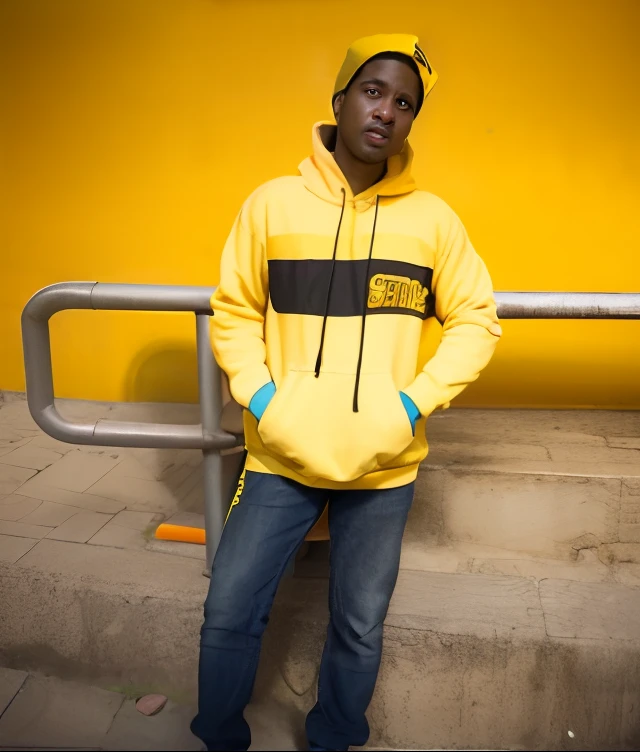 arafed man in a yellow hoodie leaning against a railing, wearing a yellow hoodie, casual photography, potrait, with lovely look, full body photogenic shot, with accurate face, ismail, photograpgy, inspired by Sarper Baran, ayan nag, mohamed chahin style, style of ade santora, high quality upload, candid picture, on beach