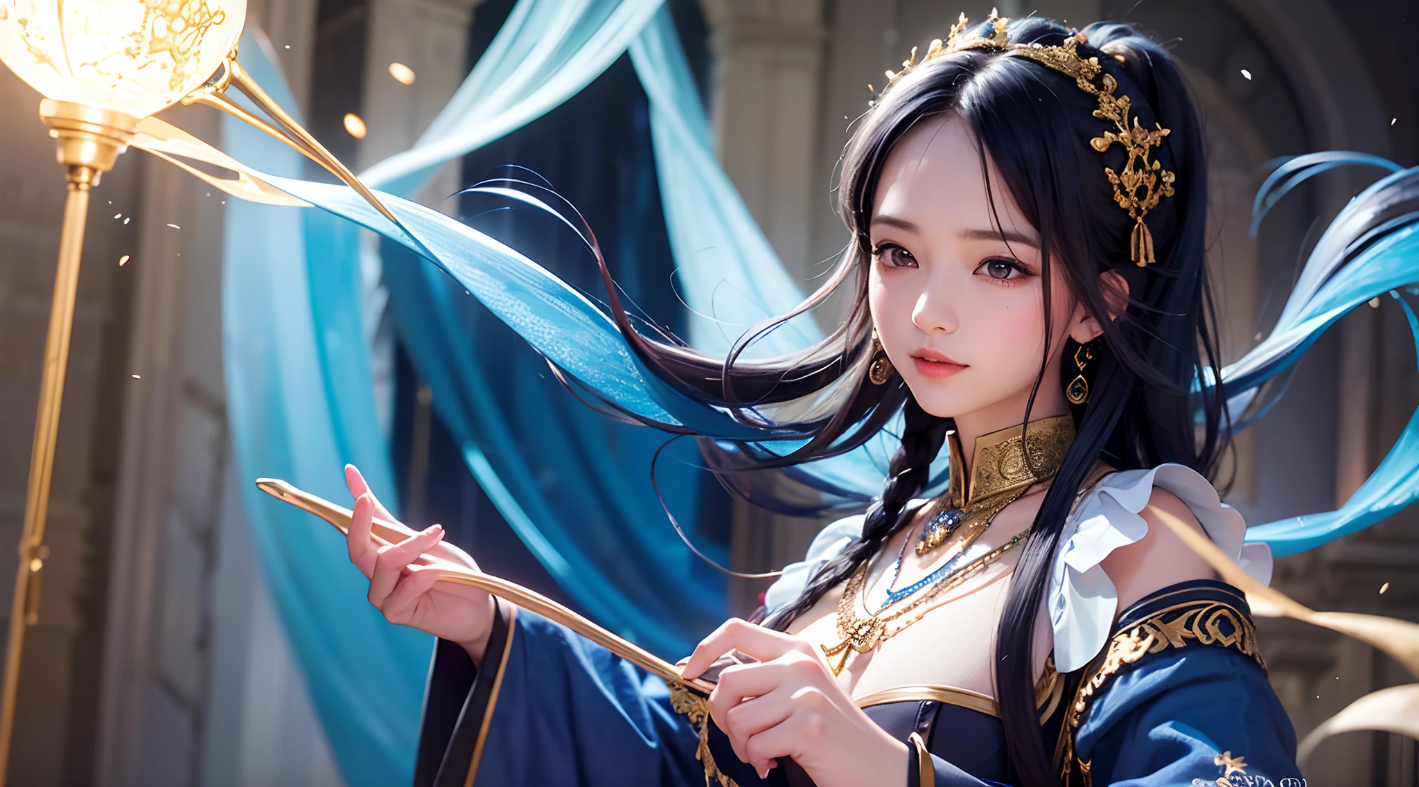 Color portrait illustration, (Attractive sexy woman as a wizard, pony tails, Wearing_Long_Flowing_Blue_iintricate_Embroidered_wizard_Robes), (necklace, Sacoche, Portate, Smiling, Highly detailed face, Masterpiece, Best quality), Highly detailed, (in a dungeon), Mage_glam, (Large glowing circle), fire and ice, casting spells, 超高分辨率,