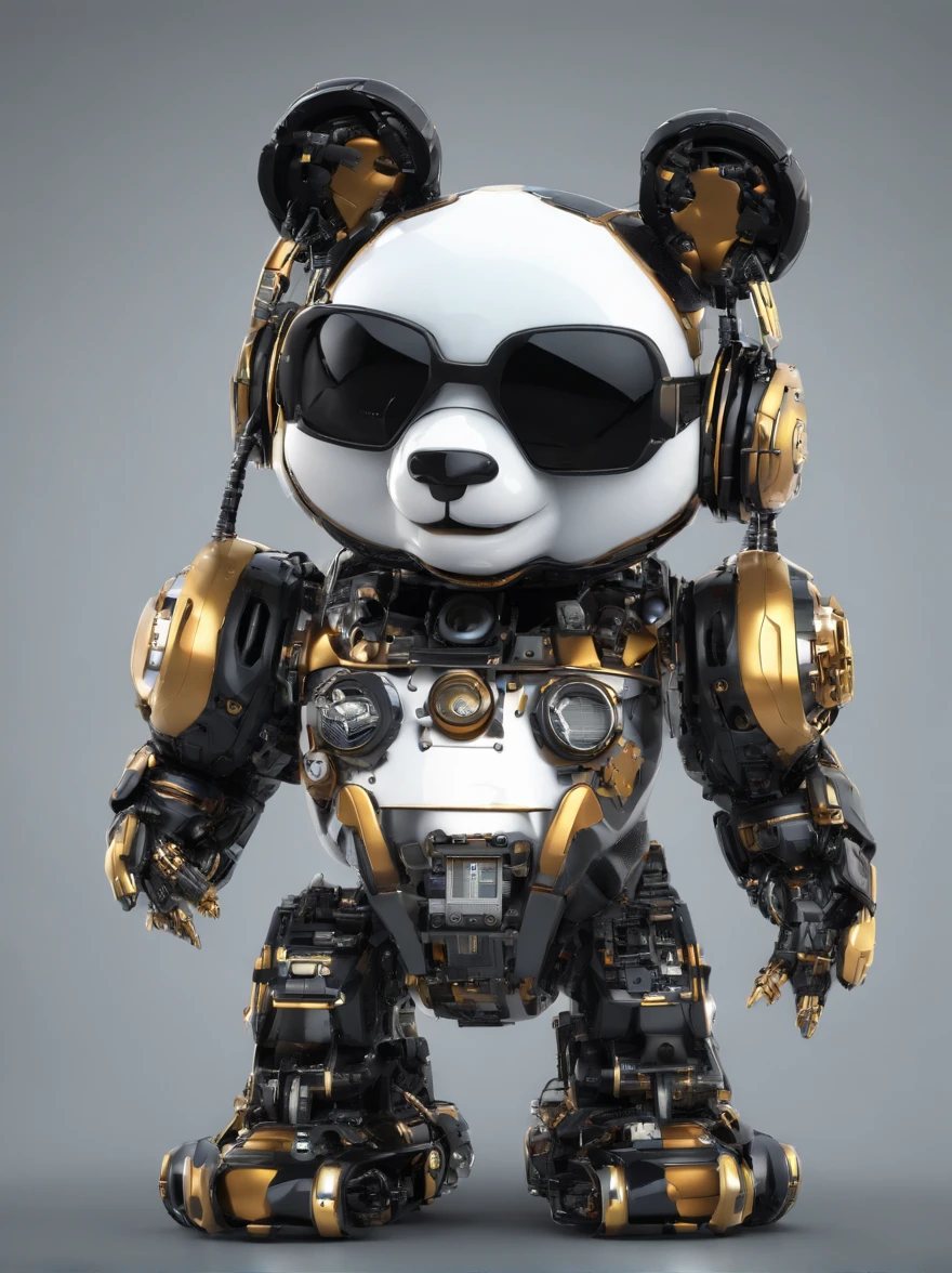A cute panda robot,Wearing sunglasses, with headphones on, Standing position, Abstract beauty, Dynamic, Highly detailed digital painting, concept-art, 8K, high definition resolution
