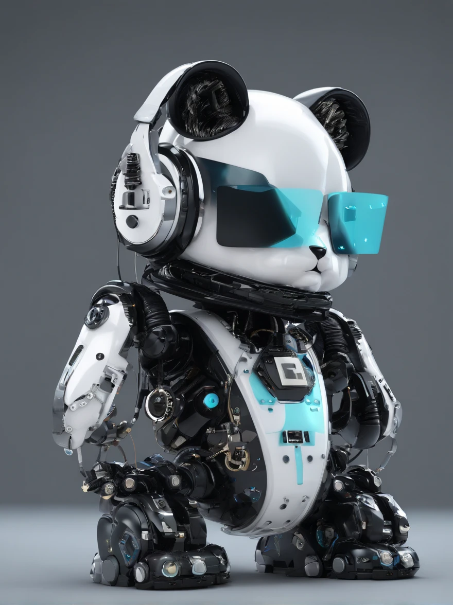 A cute panda robot,Wearing sunglasses, with headphones on, Standing position, Abstract beauty, Dynamic, Highly detailed digital painting, concept-art, 8K, high definition resolution