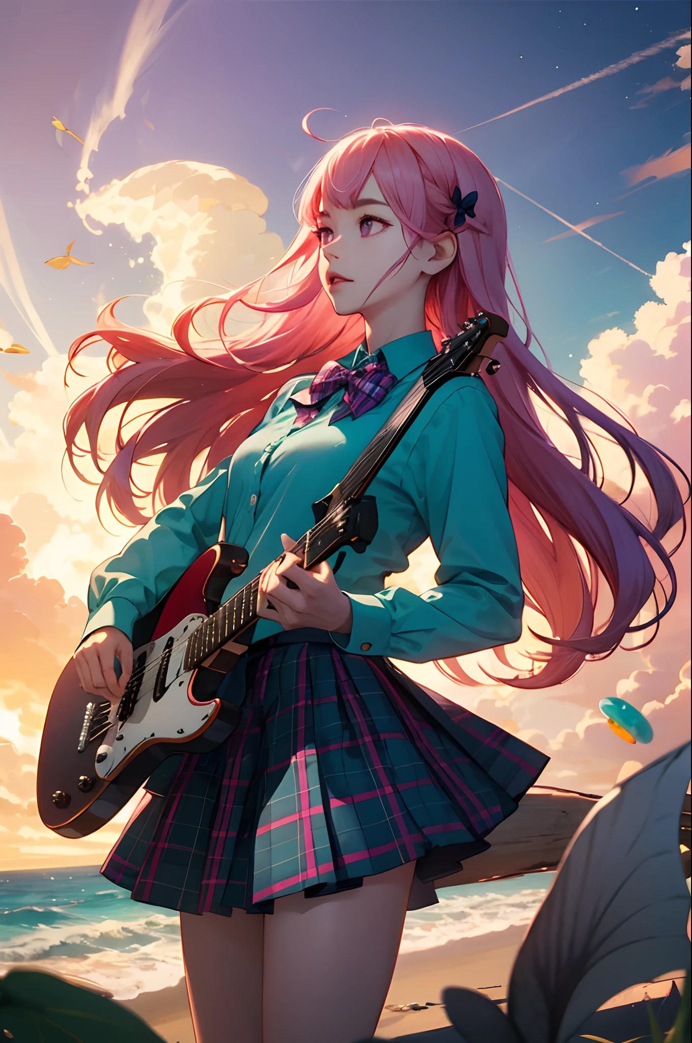 (1girll, Koko), (guitar solo), Bubble skirt, aqua shirt, bow, neck bowtie, macarons, Collared shirt, Expressionless, Eyebrows covered by hair, kitsune mask, Cowboy shot, Long hair, Long sleeves, Mask, Colorful buttons, Pink eyes, Pink hair, Orange skirt, tartan, Plaid shirt, Purple bow, Purple bow tie, shirt, Skirt, Solo, Very long hair, Sea, Ocean, beach, Cloudy, rays of sunshine, Dusk, Moon, Cloud, sky, Outdoors, Cloudy sky, leafs, 废墟, rays of sunshine, Post-apocalypse, Side view
